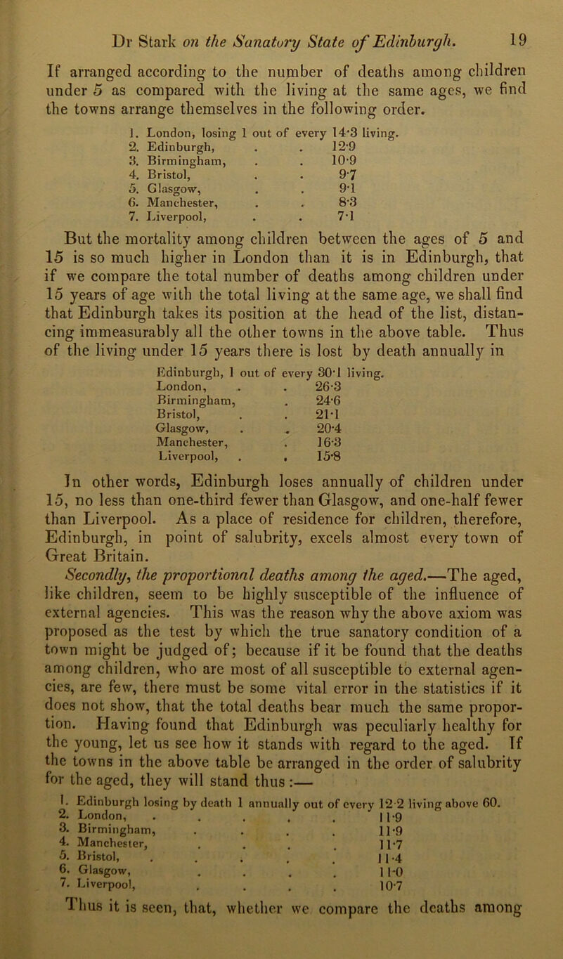 If arranged according to the number of deaths among children under 5 as compared with the living at the same ages, we find the towns arrange themselves in the following order. 1. London, losing 1 out of every 14'3 living. 2. Edinburgh, 12-9 3. Birmingham, 10-9 4. Bristol, 9-7 5. Glasgow, 9-1 6. Manchester, 8-3 7. Liverpool, 7-1 But the mortality among children between the ages of 5 and 15 is so much higher in London than it is in Edinburgh, that if we compare the total number of deaths among children under 15 years of age with the total living at the same age, we shall find that Edinburgh takes its position at the head of the list, distan- cing immeasurably all the other towns in the above table. Thus of the living under 15 years there is lost by death annually in Edinburgh, 1 out of every 30’1 living. London, 26-3 Birmingham, . 24’6 Bristol, 21-1 Glasgow, 20-4 Manchester, 16-3 Liverpool, 15-8 In other words, Edinburgh loses annually of children under 15, no less than one-third fewer than Glasgow, and one-half fewer than Liverpool. As a place of residence for children, therefore, Edinburgh, in point of salubrity, excels almost every town of Great Britain. Secondly, the proportional deaths among the aged.—The aged, like children, seem to be highly susceptible of the influence of external agencies. This was the reason why the above axiom was proposed as the test by which the true sanatory condition of a town might be judged of; because if it be found that the deaths among children, who are most of all susceptible to external agen- cies, are few, there must be some vital error in the statistics if it does not show, that the total deaths bear much the same propor- tion. Having found that Edinburgh was peculiarly healthy for the young, let us see how it stands with regard to the aged. If the towns in the above table be arranged in the order of salubrity for the aged, they will stand thus :— 1. Edinburgh losing by death 2. London, 3. Birmingham, 4. Manchester, 5. Bristol, 6. Glasgow, 7. Liverpool, 1 annually out of every 12 2 living above 60. 11*9 11-9 11-7 11-4 1 1*0 10-7 T. hus it is seen, that, whether we compare the deaths among