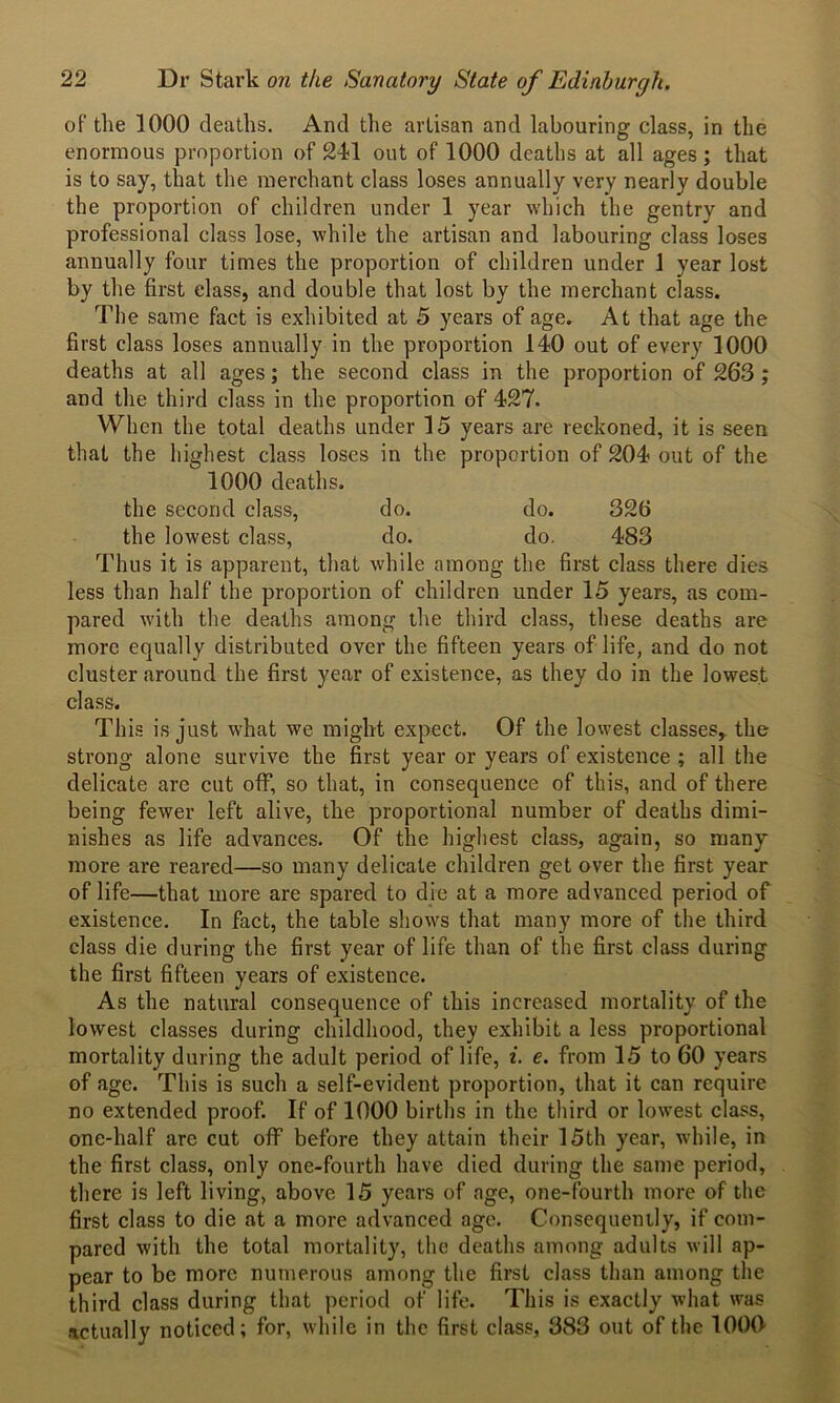 of the 1000 deaths. And the artisan and labouring class, in the enormous proportion of 241 out of 1000 deaths at all ages; that is to say, that the merchant class loses annually very nearly double the proportion of children under 1 year which the gentry and professional class lose, while the artisan and labouring class loses annually four times the proportion of children under 1 year lost by the first elass, and double that lost by the merchant class. The same fact is exhibited at 5 years of age. At that age the first class loses annually in the proportion 140 out of every 1000 deaths at all ages; the second class in the proportion of 263; and the third class in the proportion of 427. When the total deaths under 15 years are reckoned, it is seen that the highest class loses in the proportion of 204 out of the 1000 deaths. the second class, do. do. 326 the lowest class, do. do. 483 Thus it is apparent, that while among the first class there dies less than half the proportion of children under 15 years, as com- pared with the deaths among the third class, these deaths are more equally distributed over the fifteen years of life, and do not cluster around the first year of existence, as they do in the lowest class. This is just what we might expect. Of the lowest classes* the strong alone survive the first year or years of existence ; all the delicate are cut off, so that, in consequence of this, and of there being fewer left alive, the proportional number of deaths dimi- nishes as life advances. Of the highest class, again, so many more are reared—so many delicate children get over the first year of life—that more are spared to die at a more advanced period of existence. In fact, the table shows that many more of the third class die during the first year of life than of the first class during the first fifteen years of existence. As the natural consequence of this increased mortality of the lowest classes during childhood, they exhibit a less proportional mortality during the adult period of life, i. e. from 15 to 60 years of age. This is such a self-evident proportion, that it can require no extended proof. If of 1000 births in the third or lowest class, one-half are cut off before they attain their 15th year, while, in the first class, only one-fourth have died during the same period, there is left living, above 15 years of age, one-fourth more of the first class to die at a more advanced age. Consequently, if com- pared with the total mortality, the deaths among adults will ap- pear to be more numerous among the first class than among the third class during that period of life. This is exactly what was actually noticed; for, while in the first class, 383 out of the 1000