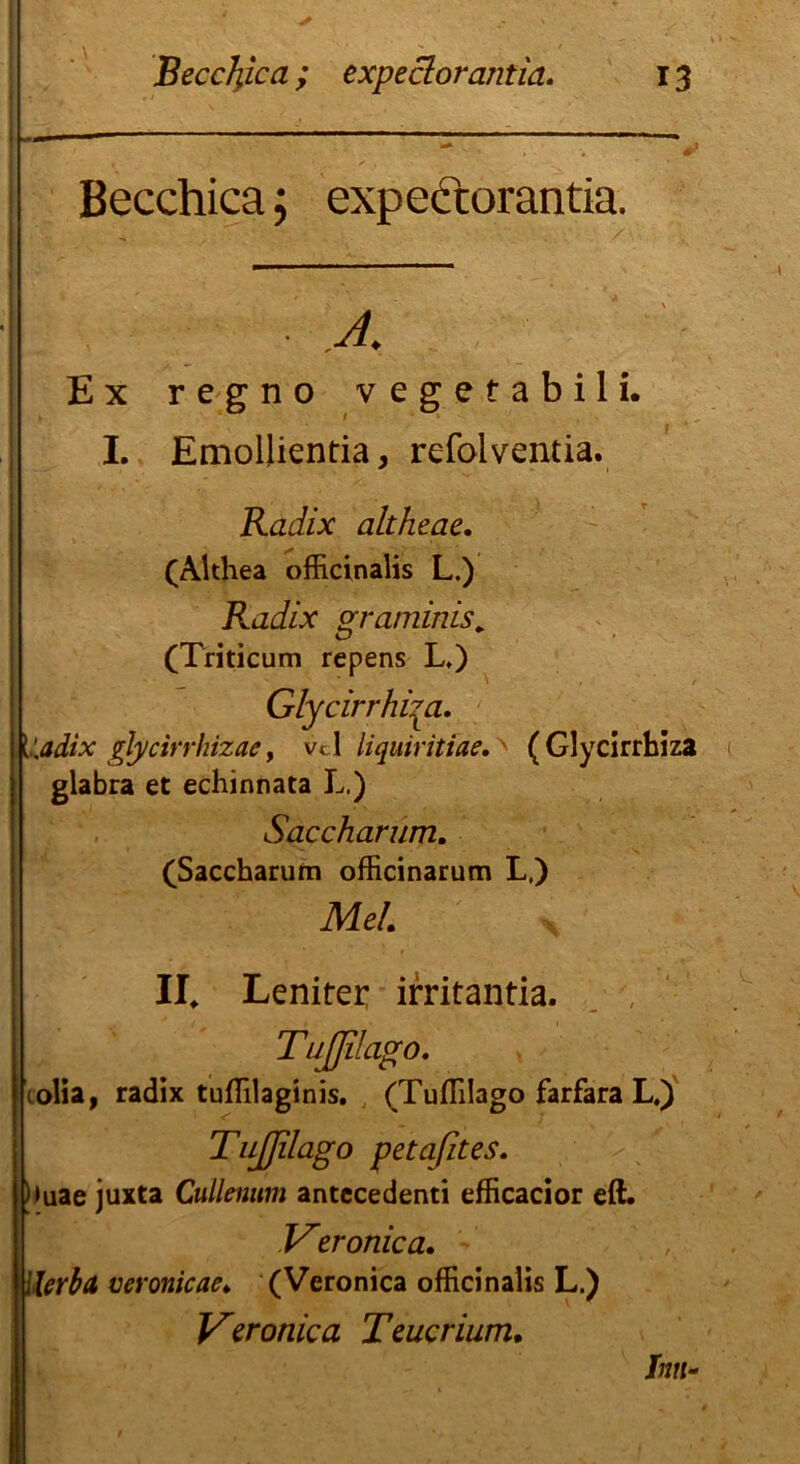 Becchica; expectorantia. ' -A- Ex regno vegetabil i. I. Emollientia, refolventia. Radix altheae. (Althea officinalis L.) Radix graminis. (Triticum repens L») Glycirrhja. V.adix glycirrhizae, vc 1 liquiritiae. ( Glycirrhiza glabra et echinnata L.) Saccharum. (Saccharum officinarum L.) Mel. II* Lenitei: irritantia. TuJJilago, olia, radix tuffilaginis. (Tuffilago farfara L.) TuJJilago petaßtes. )>uae juxta Cullenum antecedenti efficacior eft. JTer onica. lerba veronicae♦ (Veronica officinalis L.) Veronica Teucrium. Inn-