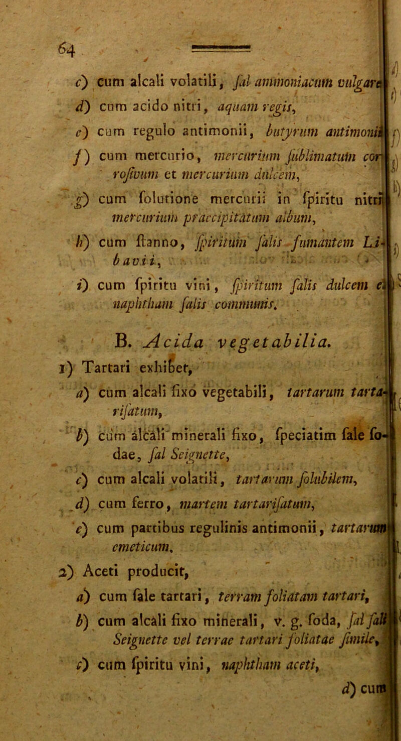 c) cum alcali volatili, ßtl ammoniacum vulgara d) cum acido nitri, aqiiam regis, r) cum regulo antimonii, butyrum antimonii f) cum mefcnrio, merctiriiim filblimatufn cor roßvum et mercuriutn dnlcem, g) cum folutione mercurii in fpiritu nitrii mercnrhm praccipitätim albam, . * . ' /;) cum flanno, fpiritüm Jdlis fiunantem LJ b avii, ' * 0 cum fpiritu vini, foirkum falls dulcem e naphtham falls communis. B. Acida vegetabilia. « ')■ /) i) o 1) Tartari exhiber, a) cum alcali fixo vegetabili, tartarum tarta- rifatum, b) cum älcäli minerali fixo, fpeciatim fale fo- dae, fal Scignctte, c) cum alcali volatili, tatianm folubüem, d) cum ferro, martern tartarifatum, e) cum partibus regulinis antimonii, tartarum cmeticum, 2) Aceti producit, d) cum fale tartari, terram foliatam tartari, b) cum alcali fixo minerali, v. g. foda, fal fa Seignettc vel terrae tartari foiiatae fimile, j 0 cum fpiritu vini, naphtham acetit