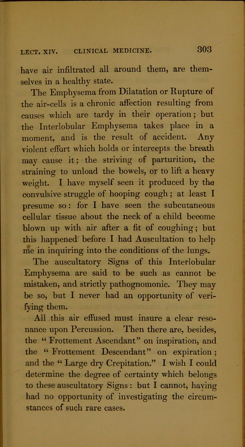 have air infiltrated all around them, are them- selves in a healthy state. The Emphysema from Dilatation or Rupture of the air-cells is a chronic affection resulting from causes which are tardy in their operation; but the Interlobular Emphysema takes place in a moment, and is the result of accident. Any violent effort which holds or intercepts the breath may cause it; the striving of parturition, the straining to unload the bowels, or to lift a heavy weight. I have myself seen it produced by the convulsive struggle of hooping cough; at least I presume so: for I have seen the subcutaneous cellular tissue about the neck of a child become blown up with air after a fit of coughing; but this happened before I had Auscultation to help me in inquiring into the conditions of the lungs. The auscultatory Signs of this Interlobular Emphysema are said to be such as cannot be mistaken, and strictly pathognomonic. They may be so, but I never had an opportunity of veri- fying them. All this air effused must insure a clear reso- nance upon Percussion. Then there are, besides, the “ Frottement Ascendant” on inspiration, and the “ Frottement Descendant” on expiration ; and the “ Large dry Crepitation.” I wish I could determine the degree of certainty which belongs to these auscultatory Signs : but I cannot, having had no opportunity of investigating the circum- stances of such rare cases.