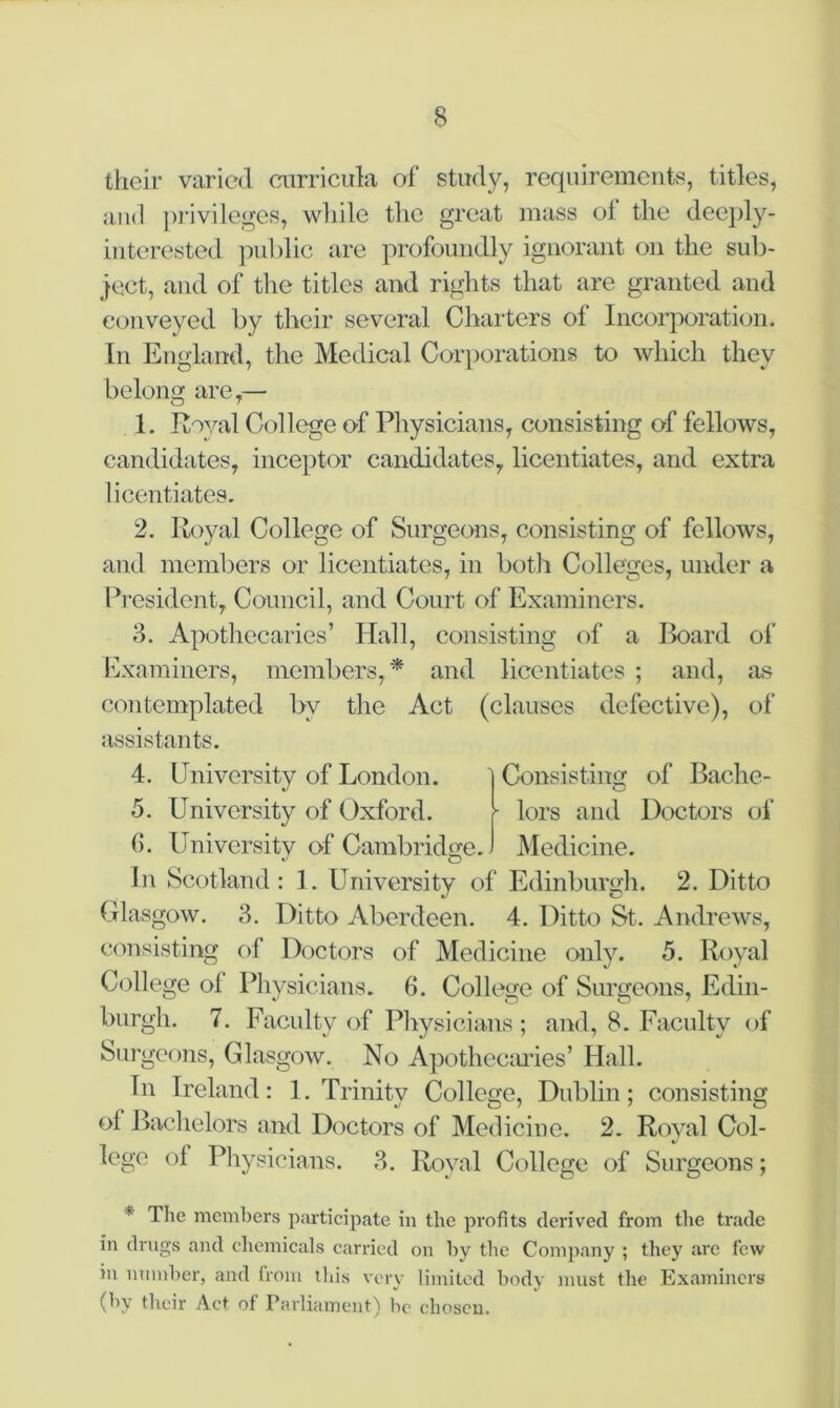 their varied curricula of study, requirements, titles, and privileges, while the great mass of the deeply- interested public are profoundly ignorant on the sub- ject, and of the titles and rights that are granted and conveyed by their several Charters of Incorporation. In England, the Medical Corporations to which they belong are,— 1. Royal College of Physicians, consisting of fellows, candidates, inceptor candidates, licentiates, and extra licentiates. 2. Royal College of Surgeons, consisting of fellows, and members or licentiates, in both Colleges, under a President, Council, and Court of Examiners. 3. Apothecaries’ Hall, consisting of a Board of Examiners, members,* and licentiates ; and, as contemplated by the Act (clauses defective), of assistants. Consisting of Bachc- Doctors of 4. University of London. 5. University of Oxford. \ lors and 6. University of Cambridge.) Medicine. In Scotland: 1. University of Edinburgh. 2. Ditto Glasgow. 3. Ditto Aberdeen. 4. Ditto St. Andrews, consisting of Doctors of Medicine only. 5. Royal College of Physicians. 6. College of Surgeons, Edin- burgh. 7. Faculty of Physicians; and, 8. Faculty of Surgeons, Glasgow. No Apothecaries’ Hall. In Ireland: 1. Trinity College, Dublin; consisting of Bachelors and Doctors of Medicine. 2. Royal Col- lege of Physicians. 3. Royal College of Surgeons; * The members participate in the profits derived from the trade in drugs and chemicals carried on by tire Company ; they are few in number, and from this very limited body must the Examiners (by their Act of Parliament) bo choseu.