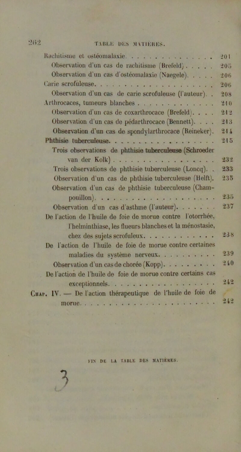 TAltU-; DKS .MVTIKKKS. Kacliilisiiiu el osléoinalaxie 201 Observation d’un cas de rachitisme (Breleld) 2üij Observation d’un cas d ostéoinalaxio (Naegele) 200 (’-arie scrofuleuse 200 Observation d’un cas de carie scrofuleuse (l’auteur). . 208 Arthrocaces, tumeurs blanches 210 Observation d’un cas de coxarthrocace (Brefeld). ... 212 Observation d’un cas de pédarthrocace (Bennett). ... 213 Observation d’un cas do spondylarthrocace (Reineker). 214 Phthisie tuberculeuse 215 Trois observations de phthisie tuberculeuse (Schroeder van der Kolk) 232 Trois observations do phthisie tuberculeuse (Loncq). . 233 Observation d’un cas de phthisie tuberculeuse (Helft). 235 Observation d’un cas de phthisie tuberculeuse (Cham- pouillon) 235 Obsers'ation d’un cas d’asthme (l’auteur) . 237 De l’action de l’huile de foie de morue contre l’otorrhée, l’helminthiase, les flueurs blanches et la ménostasie, chez des sujets scrofuleux S De l’action de l’huile de foie de morue contre certaines maladies du système nerveux 239 Observation d’un cas de chorée (Kopp) 240 De l’action de l'huile de foie de morue contre certains cas exceptionnels 242 Chap, IV. — De l’action thérapeutique de l’huile de foie de morue n> DE 1.A TABLE DES MATIÉKES. 'U»'-