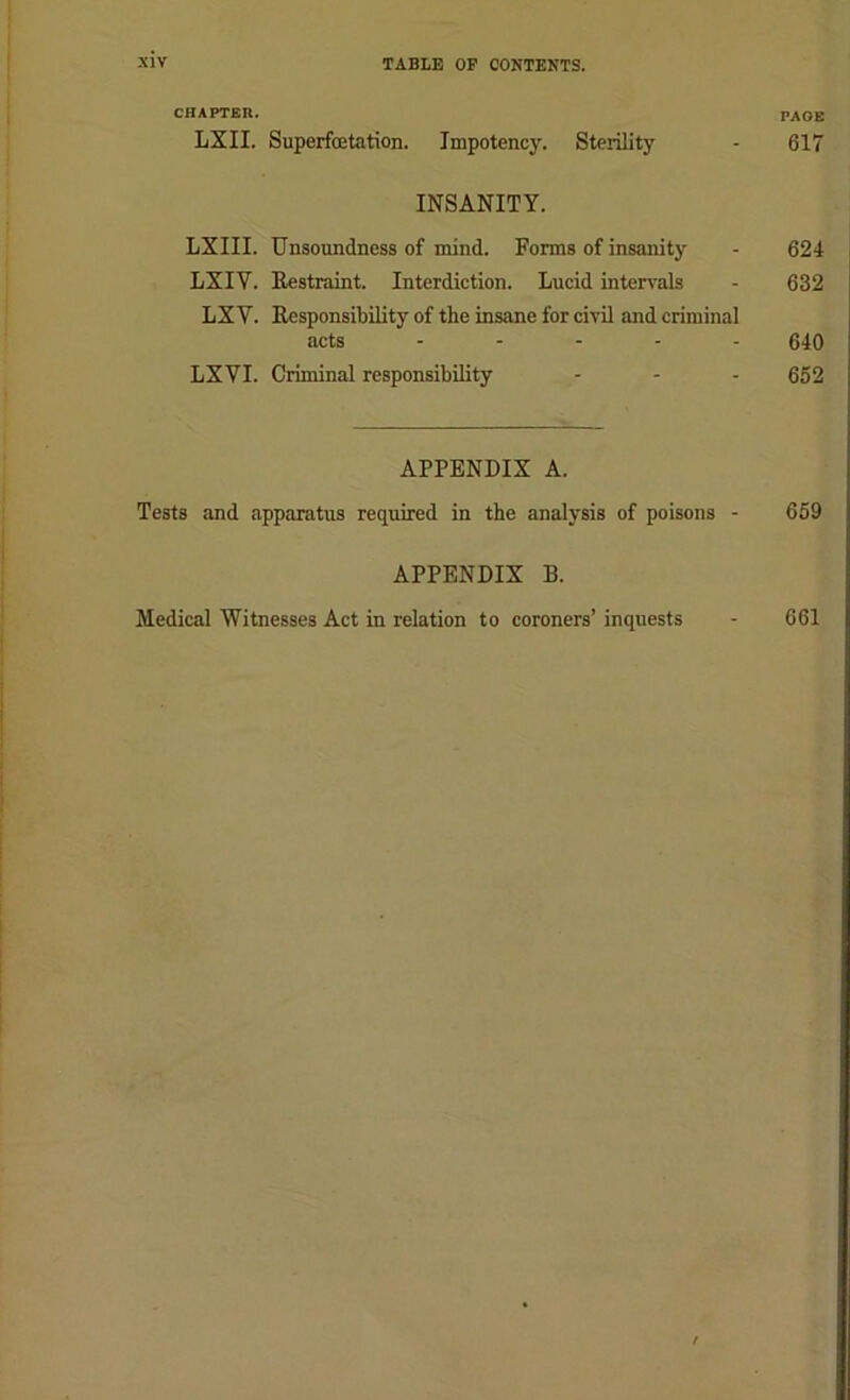 CHAPTER. PAGE LXII. Superfoetation. Impotency. Sterility - 617 INSANITY. LXIII. Unsoundness of mind. Forms of insanity - 624 LXIV. Eestraint. Interdiction. Lucid inten’als - 632 LX V. Responsibility of the insane for civil and criminal acts ..... 04Q LXVI. Criminal responsibility - - - 652 APPENDIX A. Tests and capparatus required in the analysis of poisons - 659 APPENDIX B. Medical Witnesses Act in relation to coroners’ inquests 661