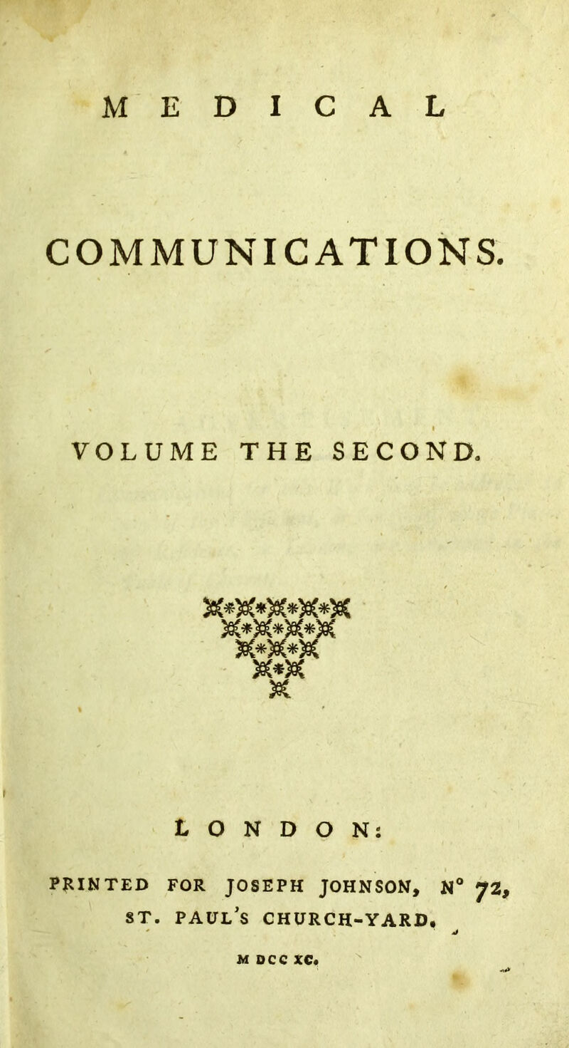 MEDICAL COMMUNICATIONS. VOLUME THE SECOND. &*&*)&*&*& nm & LONDON: PRINTED FOR JOSEPH JOHNSON, N° J2, st. Paul’s church-yard.
