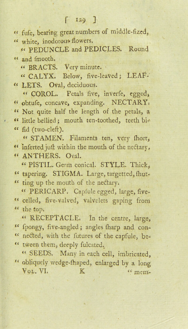 * “ fufe, bearing great numbers of middle-fizccl, white, inodorous> flowers. PEDUNCLE and PEDICLESi Round “ and fmooth. “ BRACTS. Very minute. > “ CALYX. Below, five-leaVed; LEAF-' ** LETS. Oval, deciduous. COROL. Petals five, Inverfe, egged, obtufe, concave, expanding. NECTARYi ‘‘ Not quite half the length of the petals, a “ little bellied; mouth ten*toothed, teeth bi- fid (two-cleft). “ STAMEN. Filaments ten, very fliorr, infertedjuft within the mouth of the nedtary* ANTHERS. Oval. « PISTIL. Germ conical. STYLE. Thick, ** tapering. STIGMA. Large, targetted, fhut- ting up the mouth of the nedtaryi “ PERICARPi Capfule egged, large, five- “ celled, five-valved, vaivdets gaping from the topi “ RECEPTACLEi In the centre, large, ‘‘ fpongy, five-angled; angles (harp and con- nedted, with the futures of the capfule, be- “ tween them, deeply fulcated. “ SEEDS. Many in each cell, imbricated, obliquely wedge-fhaped, enlarged by a long VoL. VL K mem-