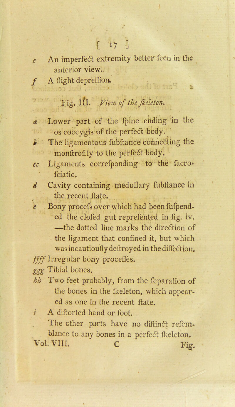 e An imperfe6l extremity better feen in the anterior view. / A flight depreflioiv. * I ^ Fig. III. View of the Jkeleton. « Lower part of the fpine ending in the os coccygis of the perfe6l body. h The ligamentous fubftance c6rine6ling the monftrofity to the perfect body. cc Ligaments correfponding to * the facro* Iciatic. d Cavity containing medullary fubftance in the recent ftate. V- f e Bony procefs over which had been fufpend- ed the clofed gut reprefented in fig. iv. -—the dotted line marks the diredtion of the ligament that confined it, but which was incautioufly deftroyed in the dilleftion. ffff Irregular bony procefles. ggg Tibial bones. hh Two feet probably, from the feparation of the bones in the Ikeleton, which appear- ed as one in the recent ftate. i A diftorted hand or foot. The other parts have no diftinft refcm- blance to any bones in a perfect flxdeton. Vol.VIII. C Fie-