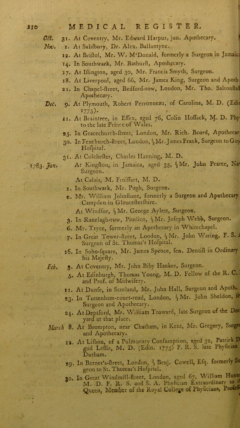 Oft. 31. At Coventry, Mr. Edward Harpur, jun. Apothecary. Nov. l. At Salifbury, Dr. Alex. Ballantync. 12. At Briflol, Mr. W. M‘Donald, formerly a Surgeon in Jamaica 14. In Southwark, Mr. Bathurfl, Apothecary. 17. At Iflington, aged 30, Mr. Francis Smyth, Surgeon. 18. At Liverpool, aged 66, Mr. James King, Surgeon and Apoth 21. In Chapel-ftreet, Bedford-row, London, Mr. Tho. Saltonflal Apothecary. Dei. 9. At Plymouth, Robert Perronneau, of Carolina, M. D. (Ediu 17 75)* ► 11. At Braintree, in EfTex, aged 76, Colin HolTack, M. D. Phy to the late Prince of Wales. £5. In Gracechurch-ltreet, London, Mr. Rich. Board, Apothecar 30. In Fenchurch-ftreet, London, ^ Mr. James Frank, Surgeon to Guy Hofpital. 31, At Colchefter, Charles Hanning, M. D. 1783. Jan. At Kingflon, in Jamaica, aged 33, ^Mr. John Pearce, Na’ Surgeon. At Calais, M. Froiflart, M. D. I. In-Southwark, Mr. Pugh, Surgeon. C. Mr. William Johnftone, formerly a Surgeon and Apothecary Campden. in Gloucefterfhire. At Windfor, § Mr. George Aylett, Surgeon. 3. In Ranelagh-row, Pimlico, ^Mr. Jofeph Webb, Surgeon. 6. Mr. Tryce, formerly an Apothecary in Whitechapel. 7. In Great Tower-flreet, London, ^ Mr. John Waring, F. S. i Surgeon of St. Thomas’s Hofpital. 16. In Soho-fquare, Mr. James Spence, fen. Dentifl. in Ordinary his Majefty. Deb. 3. At Coventry, Mr. John Biby Hanker, Surgeon. 5, At Edinburgh, Thomas Young, M. D. Fellow’ of the R. C. . and Prof, of Midwifery. II. At Dunfe, in Scotland, Mr. John Hall, Surgeon and Apoth. £3. In Tottenham-court-road, London, ^Mr. John Sheldon, ftf Surgeon and Apothecary. £4. AtDeptford, Mr. William Troward, late Surgeon of the Doc yard at that place. March 8. At Brompton, near Chatham, in Kent, Mr. Gregory, Surget and Apothecary. 13. At Lifbon, of a Pulmonary Confumption, aged 32, Patrick D gud Leflie, M. D. (Edin. 1775) F. R. S. late Phyfician Durham. 29. In Bcrner’s-flreet, London, ^ Bcnj. Cowell, Efq. formerly Su geon to St. Thomas’s Hofpital. 30. In Great Windinill-ftreet, London, aged 67, William Huntc M. D. F. R. S. and S. A. Phyfician Extraordinary to n Queen, Member of the Royal College of PhyGcians, Prole ^