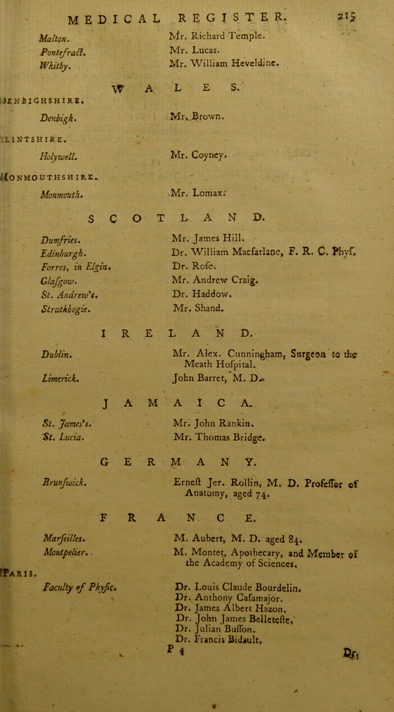 MEDICAL Mai ton. Pont frail. Whitby. W A )£NfilCHSHIRE. Denbigh. FLINTSHIRE. Holywell. Monmouthshire. Monmouth. REGISTER. Mr. Richard Temple. Mr. Lucas. Mr. William Hcvcldine. L E S/ , ' MrvJjlrown. Mr. Coyney. Mr. Lomax; 215 ' V S C O Dumfries. Edinburgh. Forres, in Elgin. Glafgow. St. Andrew's. Stratkbogie. T L- A N D. Mr. James Hill. Dr. William Macfarlaoe, F. R. C. Phyf, Dr. Role. Mr. Andrew Craig. Dr. Haddow. Mr. Shand. IRELAND. Dublin. Mr. Alex. Cunningham, Surgeon to the Meath Hofpital. Limerick. John Barret, M. » JAMAICA. St. James's. Mr. John Rankin. St. Lucia. Mr. Thomas Bridge. G E R M- A N Y. Brunfwich. Erneft Jer. Rollin, M, D. ProfefTer of Anatomy, aged 74. FRANCE. Marfeilles. Montpelier.. 'Paris. Faculty ef Phyfic. M. Aubert, M. D. aged 84. M. Montet, Apothecary, and Member of the Academy of Sciences. Dr. Louis Claude Bourdelin. Dr. Anthony Cafamajor. Dr. James Albert Hazon. Dr. John James Bellctefte, Dr. Julian Buflon. Dr. Francis Bidault, * 4 5ft