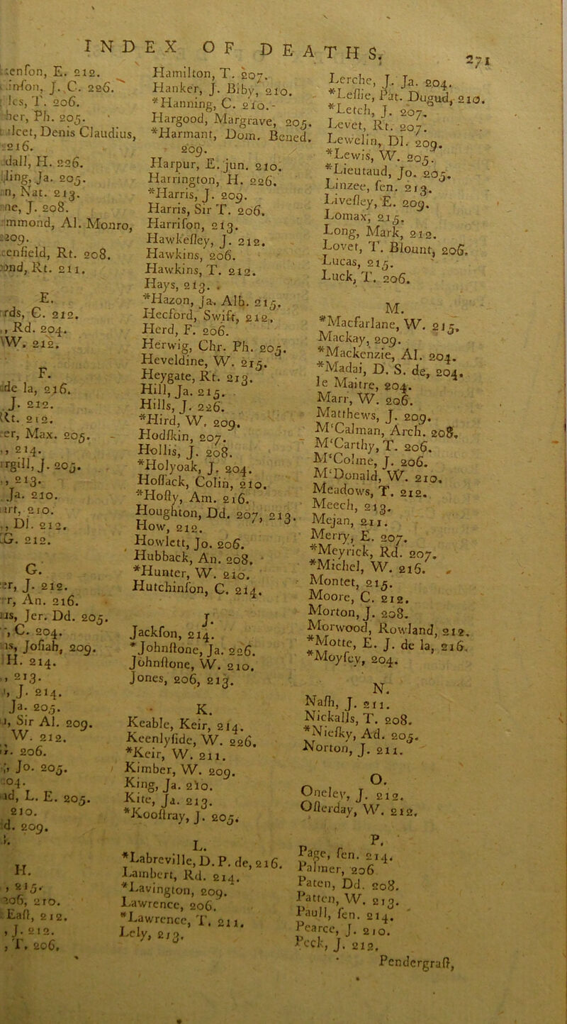 2; ttenfon, E. 212. ' union, J. C. 226.^ : Its, T. 206. her, Ph. 205. t ilcet, Denis Claudius, 216. dal], H. <’26. ling, Ja. 20,5. n, Nat. 213. ne, J. 208. namond, Al. Monro, INDEX OF DEATHS. -2°9- .enfield, Rt. 208. ond, Rt. 211. E. rds, G. 212. ,, Rd. 204. W. 212. F. •de la, 216. J. 212. Rt. 212. er, Max. 205. 214. 1 rg*D, j. 203. ., 213. Ja. 210. irf, mo. DI. 212. LG. 212. G. :r, J. 212. r, An. 216. us, Jer. Dd. 205. C. 204. is, Jofiab, 209. H. 214. , 213. '» J- 214. Ja. 203. I, Sir Al. 200. W. 212. G. 206. Jo. 205. :°4* »d, L. E. 205. 210. d. 209. H. ,215^ ’.06, uro. Eafl, 212. ,J.212. , T, 206. Hamilton, T. zqi. Hanker, j. Biby, oIO< *Planning, C. 210.- Idargood, Margrave, 205. *Harmant, Dom. Bened. 209. Harpur, E. jun. 210. Harrington, H. 226. ^Harris, J. 209. Harris, Sir T. 206. Harrifon, 213. Hawkefley, J. 212. Hawkins, 206. Hawkins, T. 212. Hays, 2I3. . *Hazon, Ja, Alb. 215. Hecford, Swift, 212. Herd, F. 206. Herwig, Chr. Ph. 205. Heveldine, W. 215. Heygate, Rt. 2x3. Hill, Ja. 215. Hills, J. 226. *Hird, W. 209. Hod/kin, 207. Hollis, J. 208. *Holyoak, J. 204. HofTack, Colin, 210. •;tHofly, Am. 216. Houghton, Dd. 207, 213. How, 212. Howlett, Jo. 206. Hubback, An. 208. ‘ *Hunter, W. 210. Hutchinl'on, C. 214. Jackfon, 214. ^Johnltone, Ja. 226. Johnllone, W. 210. Jones, 206, 213. K. Keable, Keir, 214. Keenlyfide, W. 226. *Kcir, W. 211. Kimber, W. 209. King, Ja. 2I0. Kite, Ja. 213. *Koo(tray, J. 203. L. *LabrcviIle, D. P. de, 216. Lambert, Rd. 214. *Lavington, 209. Lawrence, 206. ’•Lawrence, T. 211. HHy, 2,3/ Lerche, J. Ja. 204. *I.efiie, Pat. Dugud, 210. *Letch, J. 207 Levet, Rt. 207. Leweliri, Dl, 209. *Lewis, W. 205. *Lieutaud, Jo. 203. Linzee, fen. 213. Livefley, E. 209. Lomax; 213. Long, Mark, 212. Lover, F. Blount, 20&, Lucas, 213. Luck, T. 206. M. *MacfarIane, W. oJ<5, Mackay, 209. ^Mackenzie, Al. 204. *Madai, D. S. de, 204. le Mai tre, 204. Marr, W. 206. Matthews, J. 209. M‘Caiman, Arch. 208. M'Carthy, T. 206. M‘Coline, J. 206. M‘Donald, W. 210. Meadows, T. 212. Meech, 213. Mejan, an . Merry, E. 207. *Meyrick, Rd. 207. *MicheI, W. 215. „ Montet, 215. Moore, C. 2r 2• Morton, J. 208. Morwood, Rowland, <5 12 *Motte, E. J. de la, 21& Moyfcy, 204. N. Nafh, J. 211. Nickaljs, T. 208. *Niefky, Ad. 203. Norton, J. 211. o. Oncley, J. 212. Oflerday, W. 212. Lage, fen. 214. Palmer, 206 Paten, Dd. 208. Patten, W. 21 3. Pauli, fen. 214. Pearce, J. 210. P<-'ck, J. 212, Pcndergraft,