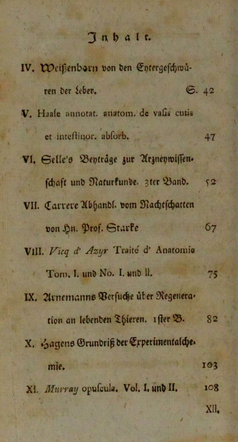 IV. tX>eif)cnb$vn bon ben ©pfergefcbroü- rcn t>er iebev. 0. 42 V. Haale aunotat. anatom. de vafis cutis j. / et intefliaor. abforb. 47 VI. GcKe’0 Abfrage $ur 'ÄrjncproifTen- fdjaft unb Sftaturfunbe. 3ter $5anb. ?2 VII. Carvevc ‘Xbfcanbl. bom 9iad)tfdjat(en bon J£n. ^3rof. 6ravFe 67 * ( VIII. Vicq d' Aztjr Traite d’ Anatomie Ton>. I. unb No. I. wnb 11. 75 IX. 2lmcmanne 93erfudje üter SKegcnero» tion an lebenben gieren. ifier53. 82 X. Jagens ©runbrifj bet’ ^jrperiraenlölc^e. mie. I0? XI. Murray opufeula. Vol, I, unb II. i°8 XII. ✓