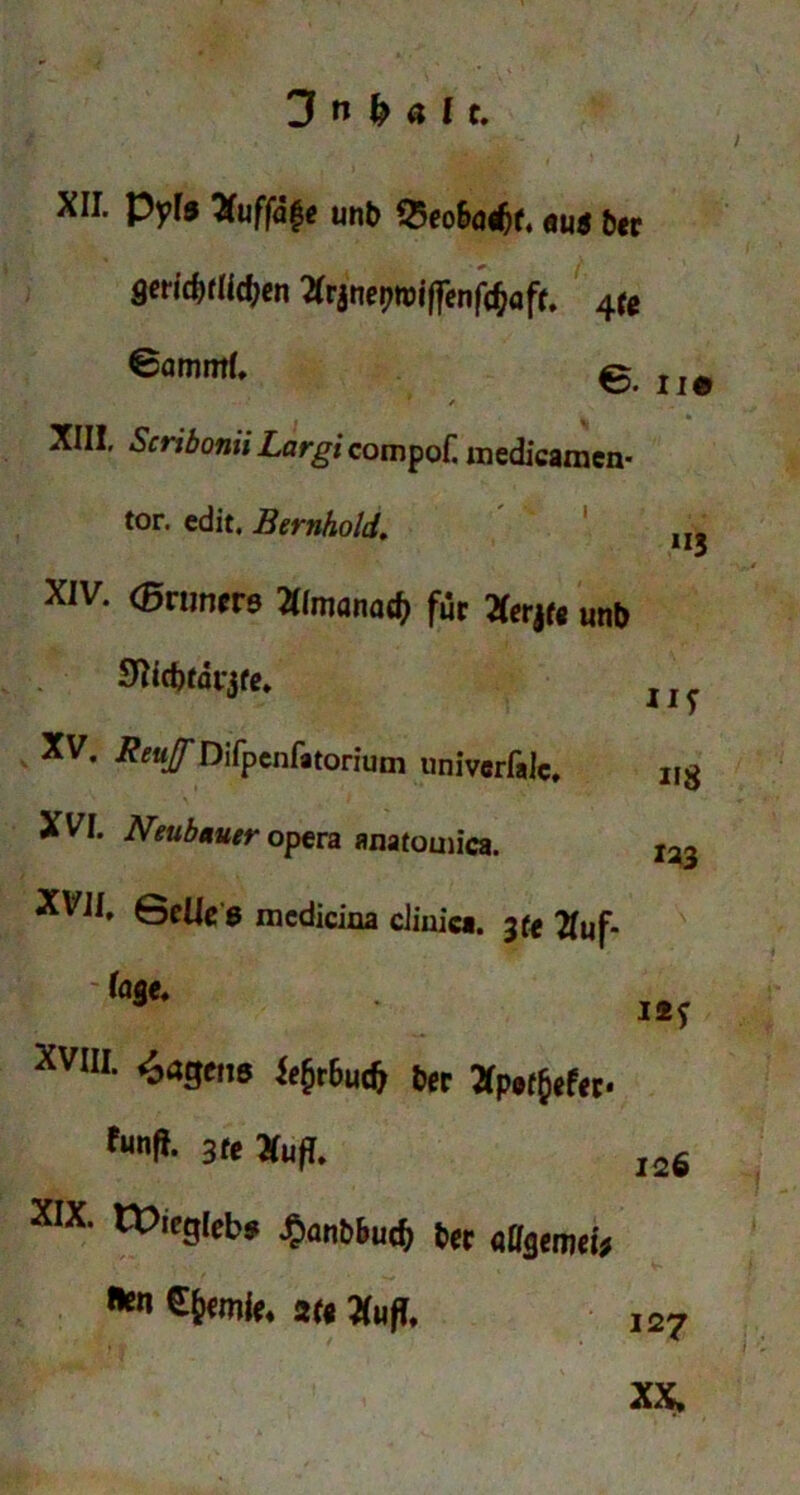 XII. Pyls Xuffäge unb Q5eo&adjr. aug &*r Smd)f«4>en tfrjneptüiffenföaft. 4rc ©amntf» 0 ' / XIII, Scrtbonii Largi compo£ medicamen- tor. edit. Bernhold. \ XIV. (Bvuncve 2tlmanad) für 2(erjf« unb SWcbtdirjfe. x l XV. Reujf Difpcnfatorium univcrfalc. „g XVI. Neubauer opera anafomica. la3 XVII. SeUe g mcdicina cJiuica. 2fof. tage. 3 I2f XVIII. Jagens Ufabudj b(t f“nP. 3t» »ufT. i26 XIX. tpicgleb* ^wnbbutf) ter «llStmei> »« a« »ufT. 127 XX.