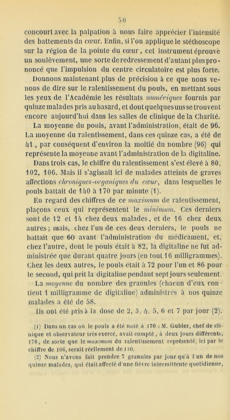 concourt avec la palpation it nous faire apprécier l’intensité des battements dn cœur. Enfin, si l’on applique le stéthoscope sur la région de la pointe du cœur, cet instrument éprouvé un soulèvement, une sorte de redressement d’autant plus pro- noncé que l’impulsion du centre circulatoire est plus forte. Donnons maintenant plus de précision à ce que nous ve- nons de dire sur le ralentissement du pouls, en mettant sous les yeux de l’Académie les résultats numériques fournis par quinze malades pris au hasard, et dont quelques uns se trouvent encore aujourd’hui dans les salles de clinique delà Charité. La moyenne du pouls, avant l’administration, était de 96. La moyenne du ralentissement, dans ces quinze cas, a été de U1, par conséquent d’environ la moitié du nombre (96) qui représente la moyenne avant l’administration de la digitaline. Dans trois cas, le chiffre du ralentissement s’est élevé à 80, 102, 106. Mais il s’agissait ici de malades atteints de graves affections chroniques-organiques du cœur, dans lesquelles le pouls battait de 1A0 il 170 par minute (1). En regard des chiffres de ce maximum de ralentissement, plaçons ceux qui représentent le minimum. Ces derniers sont de 12 et 15 chez deux malades, et de 16 chez deux autres ; mais, chez l’un de ces deux derniers, le pouls ne battait que 60 avant l’administration du médicament, et, chez l’autre, dont le pouls était à 82, la digitaline ne fut ad- ministrée que durant quatre jours (en tout 16 milligrammes). Chez les deux autres, le pouls était à 72 pour l’un et 86 pour le second, qui prit la digitaline pendant sept jours seulement. La moyenne du nombre des granules (chacun d’eux con - tient 1 milligramme de digitaline) administrés à nos quinze malades a été de 58. Ils ont été prisa la dose de 2, 3, Zi, 5, 6 et 7 par jour (2). (1) Dans un cas où le pouls a été noté à 170 : M. Gubler, chef de cli- nique et observateur très exercé, avait compté , à deux jours différents, 178, de sorte que le maximum du ralentissement représenté, ici par le chiffre de 100, serait réellement de 110. (2) Nous n’avons fait prendre 7 granules par jour qu'à l un de nos quinze malades, qui était affeclé d’une fièvre intermittente quotidienne,