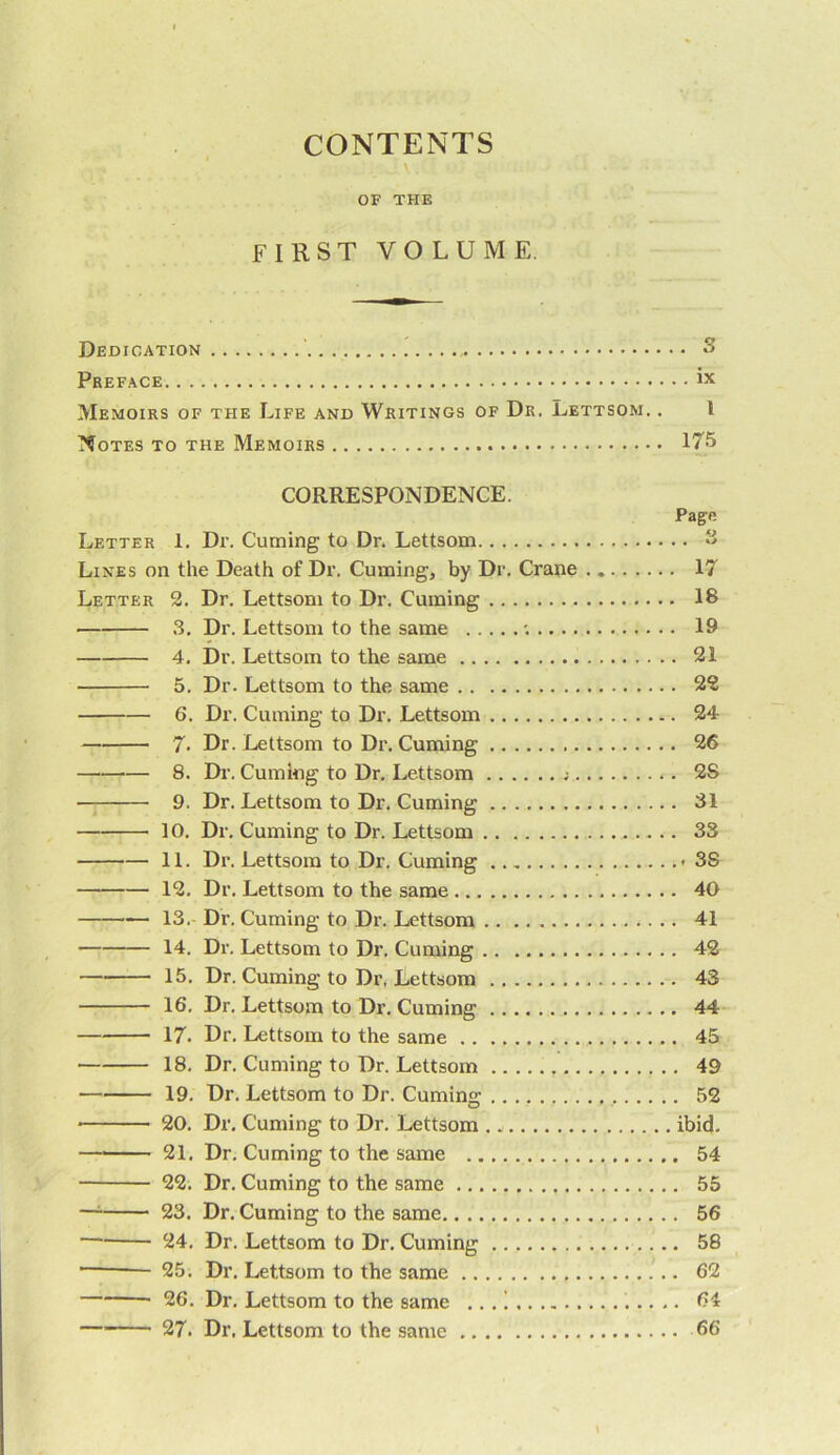 OF THE first volume. Dedication Preface..., Memoirs of the Life and Writings of Dr. Lettsom. . I Notes to the Memoirs 175 3 ix CORRESPONDENCE. Letter 1. Dr. Cuming to Dr. Lettsom Lines on the Death of Dr. Cuming, by Dr. Crane .. Letter 2. Dr, Lettsom to Dr. Cuming .3. Dr. Lettsom to the same •. 4, Dr. Lettsom to the same 5. Dr. Lettsom to the same 6. Dr. Cuming to Dr. Lettsom 7. Dr. Lettsom to Dr. Cuming 8. Di-. Cuming to Dr. Lettsom ;... 9. Dr. Lettsom to Dr. Cuming 10. Dr. Cuming to Dr. Lettsom 11. Dr. Lettsom to Dr, Cuming 12, Dr. Lettsom to the same 13.- Dr. Cuming to Dr. Lettsom 14. Dr. Lettsom to Dr. Cuming 15. Dr. Cuming to Dr, iLettsora 16, Dr. Lettsom to Dr. Cuming 17. Dr, Lettsom to the same 18. Dr. Cuming to Dr. Lettsom 19. Dr, Lettsom to Dr. Cumins: ■ 20. Dr, Cuming to Dr. Lettsom 21, Dr. Cuming to the same 22. Dr. Cuming to the same — 23. Dr. Cuming to the same 24, Dr. Lettsom to Dr. Cuming 25. Dr, Lettsom to the same 26. Dr. Lettsom to the same ,.. —~— 27. Dr. Lettsom to the same Page o > • 17 , 18 . 19 . 21 . 22 . 24 . 26 . 28 . 31 . 33 .. 38 . 40 . 41 . 42 . 43 , 44 . 45 . 49 . 52 ibid, . 54 . 55 . 56 . 58 . 62 . 64 . 66