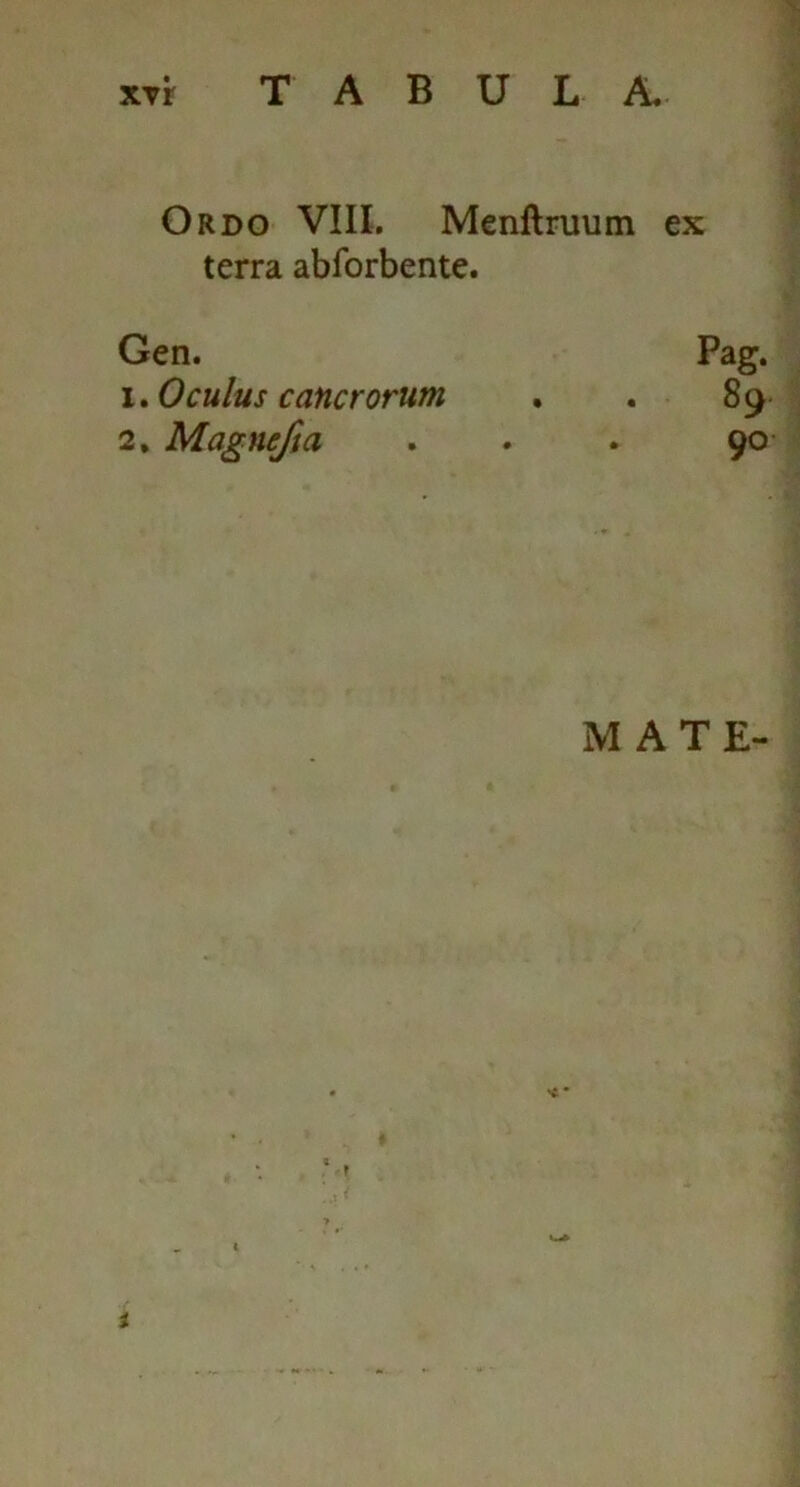 xrr TABULA* Ordo VIII. Menftruum ex terra abforbente. Gen. Pag. i. Oculus cancrorum . 89 2. Magnefia . 90 MATE- ♦ i