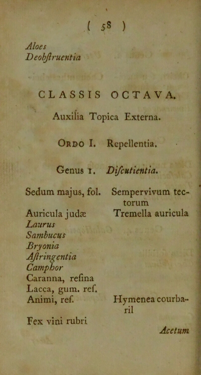 Aloes Deobftruentia CLASSIS OCTAVA. * Auxilia Topica Externa. Ordo I. Genus i. Sedum majus, fol. Auricula judce Laurus Sambucus Bryonia AJlringentia Camphor Caranna, refina Lacca, gum. ref. Animi, ref. Repellentia. Difcutientia. Sempervivum tec- torum Tremella auricula Hymenea courba- ril Fex vini rubri Acetum