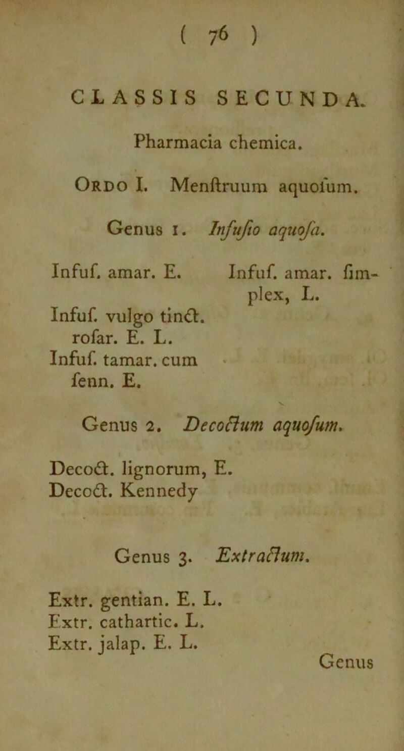 CLASSIS SECUNDA. Pharmacia chemica. Ordo I. Menftruum aquofum. Genus i. Infujio aquofa. Infuf. amar. E. Infuf. amar. fun- plex, L. Infuf. vulgo tin&. rofar. E. L. Infuf. tamar. cum fenn. E. Genus 2. Decotium aquofum. Decodt. lignorum, E. Decodt. Kennedy Genus 3. Ext ratium. Extr. gentian. E. L. Extr. cathartic. L. Extr. jalap. E. L.