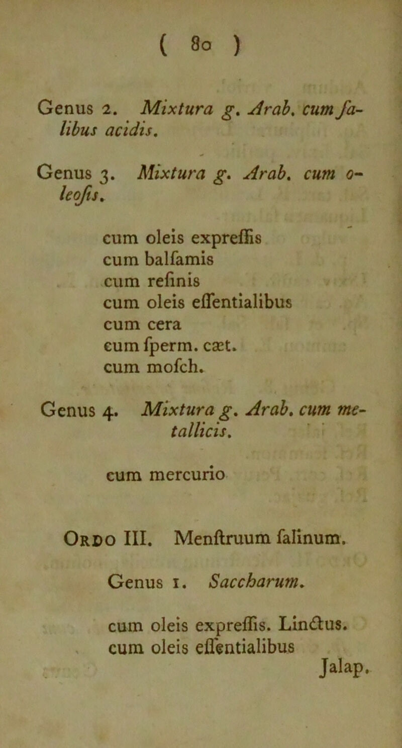 Genus 2. Mixtura g. Arab. cum fa- libus acidis. Genus 3. Mixtura g. Arab. cum 0- leofts. cum oleis expreffis cum balfamis cum refinis cum oleis eflentialibus cum cera cum fperm. caet. cum mofch. Genus 4. Mixtura g. Arab. cum me- tallicis. cum mercurio Ordo III. Menftruum falinum. Genus 1. Saccharum. cum oleis expreffis. Lin&us. cum oleis eflentialibus Jalap.