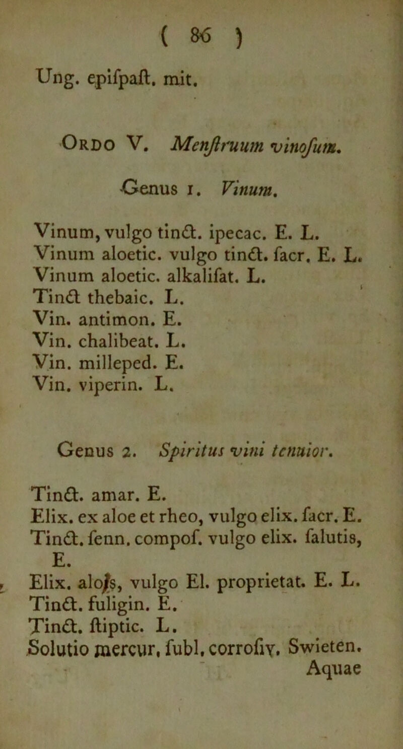 ( 8<5 ) Ung. epifpaft. mit. Ordo V. Menjiruum vinofum. -Genus i. Vinum. Vinum, vulgo tind. ipecac. E. L. Vinum aloetic. vulgo tind. facr. E. L. Vinum aloetic. alkalifat. L. Tind thebaic. L. Vin. antimon. E. Vin. chalibeat. L. Vin. millepcd. E. Vin. viperin. L. Genus 2. Spiritus vitii tenuior. Tind. amar. E. Elix, ex aloe et rheo, vulgo elix. facr. E. Tind.fenn.compof. vulgo elix, falutis, E. Elix, alo/s, vulgo EI. proprietat. E. L. Tind. fuligin. E. Tind. ftiptic. L. Solutio mercur, fubl, corrofiv. Swieten. Aquae