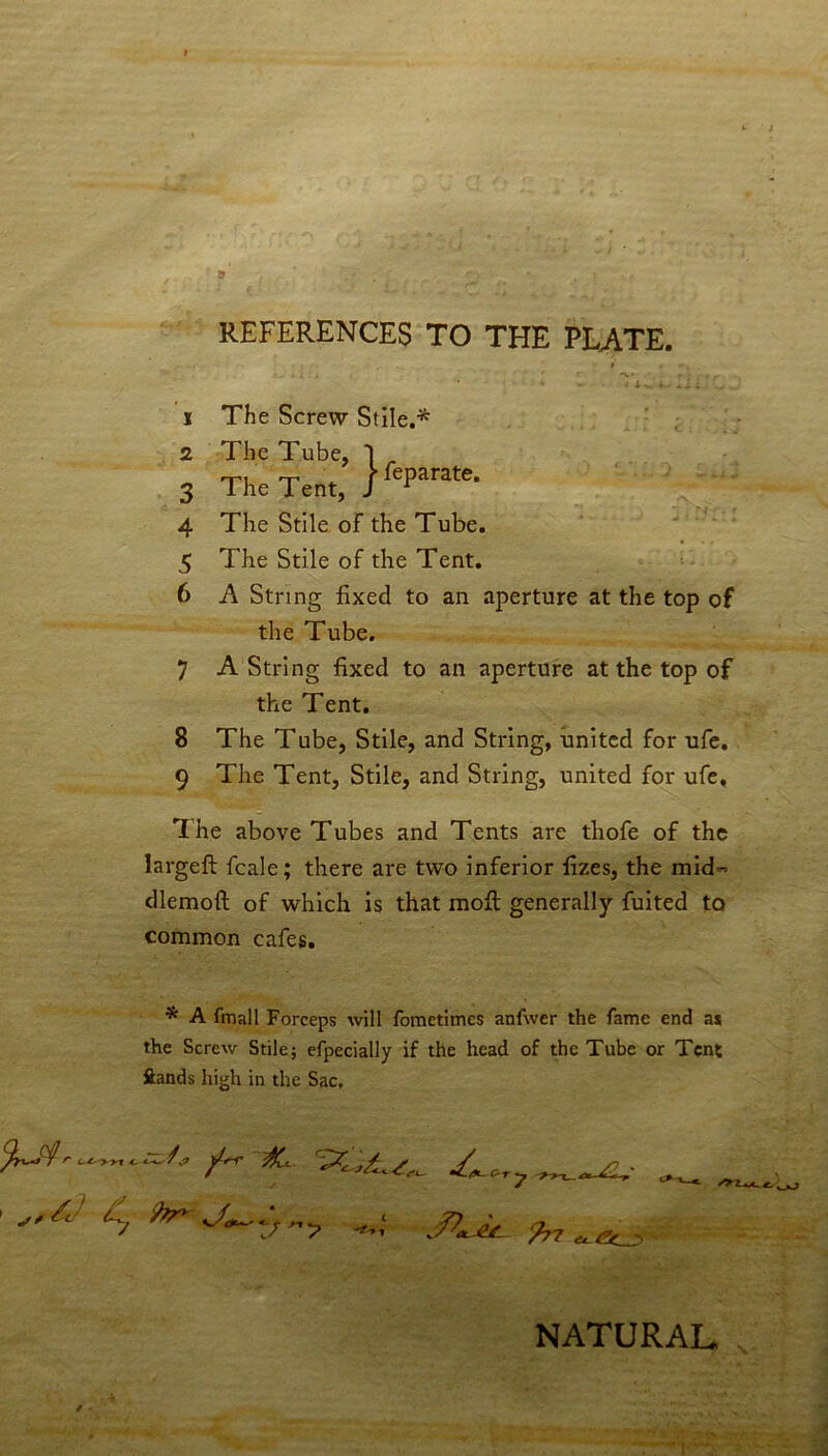REFERENCES TO THE PLATE. ' * - l 1 w 1 The Screw Stile.* 2 The Tube, J 3 The Tent, /ftparaM- 4 The Stile of the Tube. 5 The Stile of the Tent. 6 A String fixed to an aperture at the top of the Tube. 7 A String fixed to an aperture at the top of the Tent. 8 The Tube, Stile, and String, united for ufe. 9 The Tent, Stile, and String, united for ufe, The above Tubes and Tents are thofe of the Iargeft fcale; there are two inferior fizes, the mid dlemoft of which is that molt generally fuited to common cafes. * A fmall Forceps will fometimes anfwer the fame end as the Screw Stile; efpecially if the head of the Tube or Tent Hands high in the Sac, 1 /S & t y Jo &—&T ->->-7 rtf tV /~7 A rr ~ NATURAL