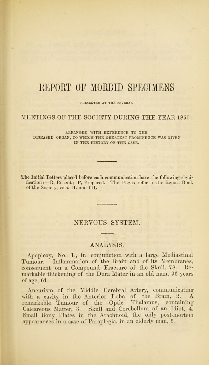 REPORT OF MORBID SPECIMENS PRESENTED AT THE SEVERAL MEETINGS OF THE SOCIETY DURING THE YEAR 1850; ARRANGED WITH REFERENCE TO THE DISEASED ORGAN, TO WHICH THE GREATEST PROMINENCE WAS GIVEN IN THE HISTORY OF THE CASE. The Initial Letters placed before each communication have the following signi- fication :—R, Recent; P, Prepared. The Pages refer to the Report Book of the Society, vols. II. and III. NERVOUS SYSTEM. ANALYSIS. Apoplexy, No. 1., in conjunction with a large Mediastinal Tumour. Inflammation of the Brain and of its Membranes, consequent on a Compound Fracture of the Skull. 78. Re- markable thickening of the Dura Mater in an old man, 96 years of age, 61. Aneurism of the Middle Cerebral Artery, communicating with a cavity in the Anterior Lobe of the Brain, 2. A remarkable Tumour of the Optic Thalamus, containing Calcareous Matter, 3. Skull and Cerebellum of an Idiot, 4. Small Bony Plates in the Arachnoid, the only post-mortem