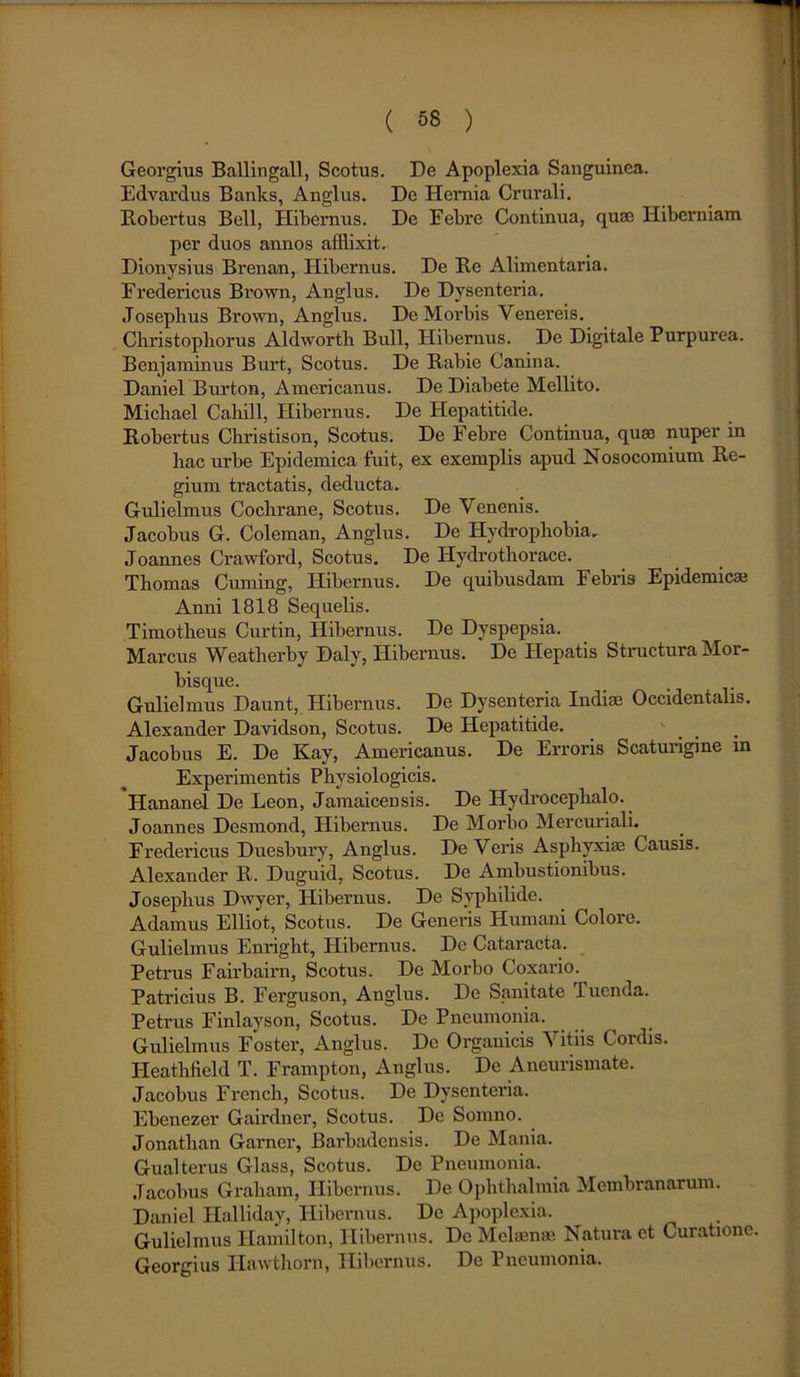 Georgius Ballingall, Scotus. De Apoplexia Sanguinea. Edvardus Banks, Anglus. De Hernia Crurali. Robertus Bell, Hibernus. De Febre Continua, quae Hiberniam per duos annos afflixit. Dionysius Brenan, Hibernus. De Re Alimentaria. Fredericus Brown, Anglus. De Dysenteria. Josephus Brown, Anglus. De Morbis Venereis. Christophorus Aldwortb Bull, Hibernus. De Digitale Purpurea. Benjaminus Burt, Scotus. De Rabie Canina. Daniel Burton, Americanus. De Diabete Mellito. Micliael Cahill, Hibernus. De Hepatitide. Robertus Christison, Scotus. De Febre Continua, quse nuper in hac urbe Epidemica fuit, ex exemplis apud Nosocomium Re- gium tractatis, deducta. Gulielmus Cochrane, Scotus. De Venenis. Jacobus G. Coleman, Anglus. De Hydrophobia, Joannes Crawford, Scotus. De Hydrothorace. Thomas Cuming, Hibernus. De quibusdam Febris Epidemicae Anni 1818 Sequelis. Timotheus Curtin, Hibernus. De Dyspepsia. Marcus Weatherby Daly, Hibernus. De Hepatis Structura Mor- bisque. Gulielmus Daunt, Hibernus. De Dysenteria Indiae Occidentalis. Alexander Davidson, Scotus. De Hepatitide. Jacobus E. De Kay, Americanus. De Erroris Scaturigine in Experimentis Physiologicis. Hananel De Leon, Jamaicensis. De Hydroceplialo. Joannes Desmond, Hibernus. De Morbo Mercuriali. Fredericus Duesbury, Anglus. De Veris Asphyxiae Causis. Alexander R. Duguid, Scotus. De Ambustionibus. Josephus Dwyer, Hibernus. De Syphilide. Adamus Elliot, Scotus. De Generis Humani Colore. Gulielmus Enright, Hibernus. De Cataracta. Petrus Fairbaim, Scotus. De Morbo Coxario. Patricius B. Ferguson, Anglus. De Sanitate luenda. Petrus Finlayson, Scotus. De Pneumonia. Gulielmus Foster, Anglus. Dc Organicis Vitiis Cordis. I-Ieathfield T. Frampton, Anglus. De Aneurismate. Jacobus French, Scotus. De Dysenteria. Ebenezer Gairdner, Scotus. Dc Somno. Jonathan Garner, Barbadensis. De Mania. Gualterus Glass, Scotus. De Pneumonia. Jacobus Graham, Hibernus. De Ophthalmia Membranarum. Daniel Halliday, Hibernus. De Apoplexia. Gulielmus Ilamilton, Hibernus. De Melam* Natura et Curatione. Georgius Hawthorn, Hibernus. De Pneumonia.