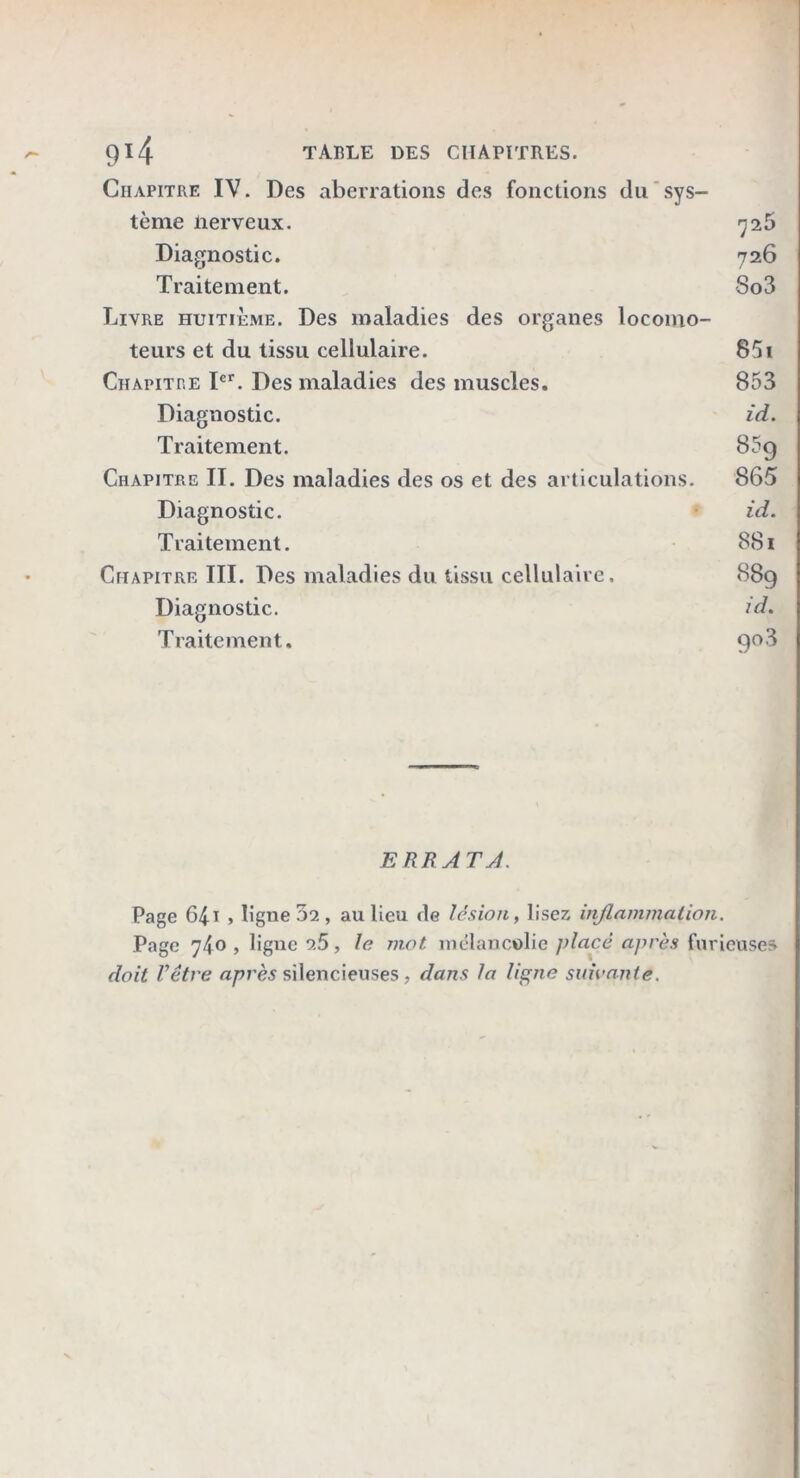 9^4 TABLE DES CHAPITRES. Chapitre IV. Des aberrations des fonctions du sys- tème nerveux. 726 Diagnostic. 726 Traitement. So3 Livre huitième. Des maladies des organes locomo- teurs et du tissu cellulaire. 85i Chapitre Ier. Des maladies des muscles. 853 Diagnostic. id. Traitement. 85g Chapitre II. Des maladies des os et des articulations. 865 Diagnostic. id. Traitement. 881 Chapitre III. Des maladies du tissu cellulaire. 88g Diagnostic. id. Traitement. go3 E RB AT A. Page 64i , ligne 02, au lieu de lésion, lisez inflammation. Page 740 , ligne o.5, le mot mélancolie placé après furieuses doit Votre après silencieuses, dans la ligne suivante.