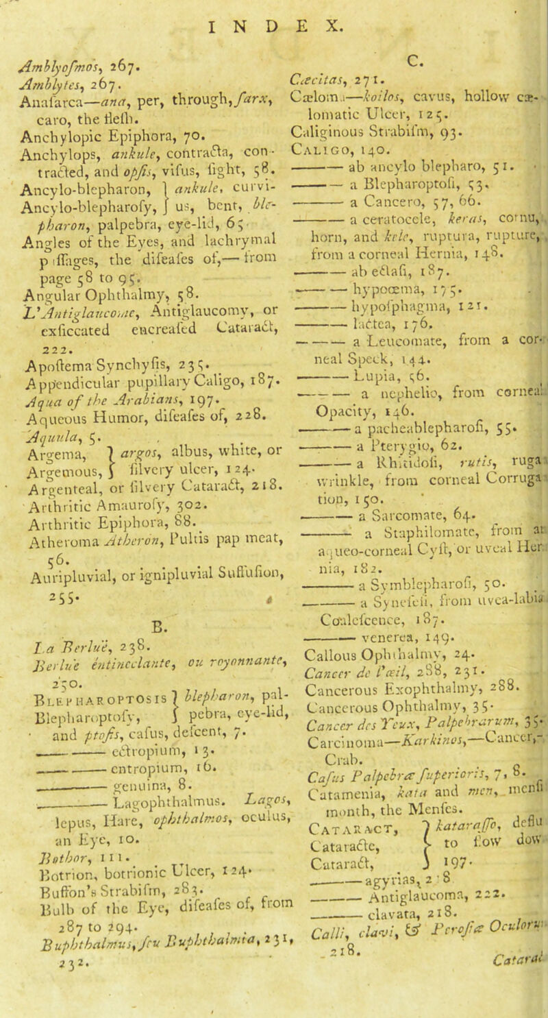 Amblyofmos, 267. Amblytes, 267. Anafarca—per, through,farx, caro, the tied). Anchylopic Epiphora, 70. Anchylops, anbule, contradfn, con - trailed, and opfts, vifus, fight, 58. C. / j * •. Ancylo-blepharon, 1 ankule, curvi- Ancylo-blepharofy, J us, bent, blc- pharon, palpebra, eye-lid, 6; Angles of the Eves, and lachrymal p iflages, the difeafes of,— from page 58 to 95. Angular Ophthalmy, y8. LCAntiglaucouie, Antiglaucomy, or exficcated encreaied Cataradt, 222. Apoftema Synchyfis, 233. Appendicular pupillaryCaligo, 187. Aqua of the Arabians, 197. Aqueous Humor, difeafes ot, 228. Aquitla, 5* . . Argema, 1 argos, albus, white, 01 Argemous, J filvery ulcer, 124. A r gen teal, or filvery Cataradt, ztu. Arthritic Amaurofy, 302. Arthritic Epiphora, 88.. Atheroma At her on, Pultis pap meat, 56. Auripluvial, or ignipluvial Suflufion, 255- * Ccecitas, 271. Crelom.t—boilos, cavus, hollow car lomatic Ulcer, 123. Caliginous Strabifm, 93. Caligo, 140. • ab ancylo blepharo, 51. a Blepharoptofi, 33. a Cancero, 57, 66. a ceratocele, bert/s, cornu B. edtropium, 13- horn, and brie, ruptura, rupture, from a corneal Hernia, 148. ab edlafi, 187. hypocema, 175. hypofphagma, 121. ladtea, 176, a Leucomate, from a cor- neal Speck, 1.44. ■ Lupia, 36. a nephelio, from cornea; 26. Opacity, a pacheablepharofi, $5* — a Pterygio, 62. DV . Rhitidofi, rutis, ruga wrinkle, from corneal Corruga tion, 1 50. a Sarcomate, 64. a Staphilomate, from at a jueo-corneal Cyft, or uveal Her hi a., 182. ■ a Symblepharofi, 50. La Berlu'e, 238. Berlu'e entincclante, 011 royonnante, 230. BLEHHAROPTOSIS 1 blepharon, pal- Blepharoptofy, J pebra, eye-lid, and ptofis, cafus, dclcent, 7- a Syneieit, from uvea-labia Cdnlcfcence, 187. venerea, 149. Callous Ophthalmy, 24. ■ entropium, 16. ■ genuina, 8. • Lagophthalmus. Lagos, Cancer dc Cecil, 2SB, 23I. Cancerous Exophthalmy, 288. Cancerous Ophthalmy, 3? Cancer des Ycux, Palpcbravum, y Carcinoma—Rar bines, Cancer, Crab. Cafus Palpebra fuperioris, 7, 8. lepus, Hare, opbthalmos, oculus, an Eye, 10. Bother, in. Botrion, botrionic Ulcer, 124. Bufton’s Strabifm, 283. Bulb of the Eye, difeafes of, from 287 to *94. Buphtbalmus, feu Bupbthalmta, 231, 232. Catamenia, kata and men, menu month, the Menfcs. Cataract, 1 bataraffo, detiu Cataradte, [ to fiotv dow Cataradt, J 197 * -agynasl 2 — Antiglaucoma, 222. clavata, 218. CalU, elavi, & Per of a Oculorw- -2l8' Cataral