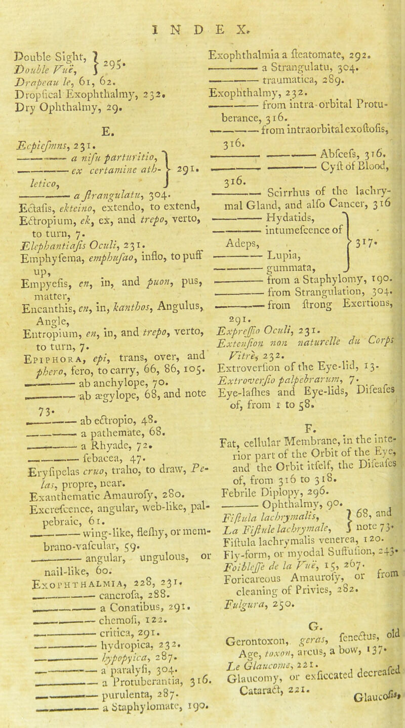 y parturitio, 'I ’.rtamine atb- > 291. Double Sight, 7 Double Vue, 3 Drapeau le, 61, 62. D rop heal Exophthal my, 232, Dry Ophthalmy, 29. E. Kepicfmis, 231. nifn parturitio, letico, a: Jhangulatu, 304. Eclairs, ekteino, extendo, to extend, Eftropium, ek, ex, and trepo, verto, to turn, 7. Elcpbantiajis Oculi, 231. Emphyfema, empbufao, inflo, to puff UP’ Empyehs, e«, in, and puon, pus, matter, Encanthis, in, bant bos, Angulus, Angle, Entropium, in, and verto, to turn, 7. Epiphora, epi, trans, over, and phero, fero, to carry, 66, 86, 105. .—■—— ab anchylope, 70. .. .— ab ajgvlope, 68, and note Exophthalmia a ftcatomate, 292. a Strangulatu, 304. traumatica, 289. Exophthalmy, 232. . from intra-orbital Protu- berance, 316. — from intraorbital exo(to(is, 316. . Abfcefs, 316. ■ Cyit of Blood, 316. Scirrhus of the lachry- mal Gland, and alfo Cancer, 316 Hydatids, I intumefcence of I 73- ■ ab eiftropio, 48. . a pathemate, 68. a Rhyade, 72. febacea, 47. Eryhpclas cruo, traho, to draw, Pe- las, propre, near. Exanthematic Amaurofy, 280. Excrefcence, angular, web-like, pal- pebraic, 61. wing-like, flefliy, or mcm- brano-vafcular, 59. angular, ungulous, or nail-like, 60. Exophthalmia, 228, 231. cancrofa, 288. „ a Conatibus, 291. cliemoii, 122. — critica, 291. — hydropica, 232. — hypopyica, 287. — a paralyli, 304. .— a Protuberantia, 310. —— purulenta, 287. — a Staphylomate, 190. Adeps, 317* Lupia, I gummata, J — from a Staphylomy, 190. — from Strangulation, 304. from ftrong Exertions, 291. ExpreJJio Oculi, 231. Exteujion non naturelle du Corps Vitrei 232. Extroverfion of the Eye-lid, 13. Extroverjio palpebrarum, 7 • Eye-lafhes and Eye-lids, Difeafes of, from 1 to 58. F. Fat, cellular Membrane, in the inte- rior part of the Orbit of the Eye, and the Orbit itfelf, the Difeafes of, from 316 to 318. Febrile Diplopy, 296. Ophthalmy, 90. Fiftula lacbrymails, 1 68, and . La Fiftulelachrymale, } note 73. Fiftula lachrymalis venerea, 120. Fly-form, or myodal Suffulion, 245. Foiblejfe dc la Fue, 15, 267. Foricareous Amaurofy, or from cleaning of Privies, 282. Fulgura, 250. G. J Gcrontoxon, gcras, feneftus, 0 Age, toxon, arcus, a bow, 13 < * Le Glaucome, 221. f , Glaucomy, or exficcated dccrcaf Cataradtj aai. Gtocofi„