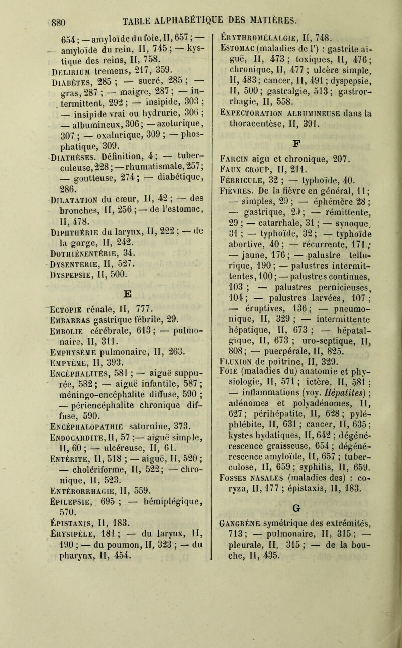 054 ; _ amyloïde d ii foie, II, 657 ; — - amyloïde du rein, II, 745 ; kys- tique des reins, II, 758. Delirium tremens, 217, 359. Diabètes, 285 ; — sucré, 285 ; — gras, 287 ; — maigre, 287 ; — in- . termittent, 292 ; — insipide, 303 ; — insipide vrai ou liydrurie, 306 ; — albumineux, 306; — azoturique, 307 ; — oxalurique, 309 ; — phos- phatique, 309. Diathèses. Définition, 4 ; — tuber- culeuse,228 ; —rhumatismale, 257; — goutteuse, 274 ; — diabétique, 286. Dilatation du cœur, II, 42 ; — des bronches, 11,256; — de l’estomac, 11, 478. Diphthérie du larynx, II, 222 ; — de la gorge, II, 242. Dothiénentérie, 34. Dysenterie, II, 527. Dyspepsie, II, 500. E Ectopie rénale. II, 777. Embarras gastrique fébrile, 29. Embolie cérébrale, 613 ; — pulmo- naire, II, 311. Emphysème pulmonaire, II, 263. Empyème, II, 393. Encéphalites, 581 ; — aiguë suppu- rée, 582 ; — aiguë infantile, 587 ; méningo-encéphalite diffuse, 590 ; — périencéphalite chronique dif- fuse, 590. Encéphalopathie saturnine, 373. Endocardite,II, 57 ;— aiguë simple, II, 60; — ulcéreuse, II, 61. Entérite, II, 518 ; — aiguë, II, 520 ; — cholériforme, II, 522; —chro- nique, II, 523. Entérorrhagie, II, 559. ÉPILEPSIE, 695 ; — hémiplégique, 570. Épistaxis, II, 183. ÉRYSIPÈLE, 181 ; — du larynx, II, 190 ; — du poumon, II, 323 ; — du pharynx, II, 454. Érythromélalgie, II, 748. Estomac (maladies de 1’) : gastrite ai- guë, II, 473; toxiques, II, 476; chronique, II, 477 ; ulcère simple, II, 483; cancer, II, 491 ; dyspepsie, H, 500; gastralgie, 513; gastror- rhagie, II, 558. Expectoration albumineuse dans la thoracentèse, II, 391. F Farcin aigu et chronique, 207. Faux croup, II, 211. Fébricule, 32 ; — typhoïde, 40. Fièvres. De la fièvre en général, 11; — simples, 29 ; — éphémère 28 ; — gastrique, 29 ; — rémittente, 29 ; — catarrhale, 31 ; — synoque, 31 ; — typhoïde, 32 ; — typhoïde abortive, 40; — récurrente, 171; — jaune, 176; — palustre tellu- rique, 190; — palustres intermit- tentes, 100 ; — palustres continues, 103 ; — palustres pernicieuses, 104; — palustres larvées, 107; — éruptives, 136; — pneumo- nique, II, 329 ; — intermittente hépatique, II, 673 ; — hépatal- gique, II, 673 ; uro-septique, II, 808; — puerpérale, II, 825. Fluxion de poitrine, II, 329. Foie (maladies du] anatomie et phy- siologie, II, 571 ; ictère, II, 581 ; — inflammations (voy. Hépatites) ; adénomes et polyadénomes, II, 627 ; périhépatite, II, 628 ; pylé- phlébite, II, 631 ; cancer, II, 635; kystes hydatiques, II, 642 ; dégéné- rescence graisseuse, 654 ; dégéné- rescence amyloïde, II, 657 ; tuber- culose, II, 659 ; syphilis, II, 659. Fosses nasales (maladies des) : co- ryza, II, 177 ; épistaxis, II, 183. G Gangrène symétrique des extrémités, 713; — pulmonaire, II, 315; — pleurale, II, 315 ; — de la bou- che, II, 435. i