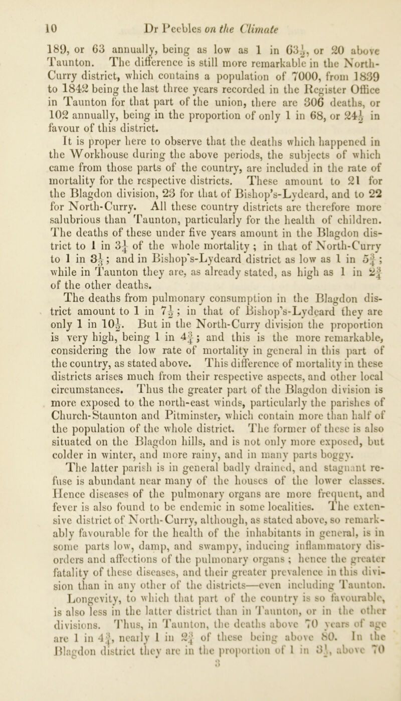 189, or 63 annually, being as low as 1 in 03^, or 20 above Taunton. The difference is still more remarkable in the North- Curry district, which contains a population of 7000, from 1839 to 1842 being the last three years recorded in the Register Office in Taunton for that part of the union, there are 306 deaths, or 102 annually, being in the proportion of only 1 in 68, or 241, in favour of this district. It is proper here to observe that the deaths which happened in the Workhouse during the above periods, the subjects of which came from those parts of the country, are included in the rate of mortality for the respective districts. These amount to 21 for the Blagdon division, 23 for that of Bishop’s-Lydeard, and to 22 for North-Curry. All these country districts are therefore more salubrious than Taunton, particularly for the health of children. The deaths of these under five years amount in the Blagdon dis- trict to 1 in 3^ of the whole mortality ; in that of North-Curry to 1 in 31; and in Bishop's-Lydeard district as low as 1 in ; while in Taunton they are, as already stated, as high as 1 in 2| of the other deaths. The deaths from pulmonary consumption in the Blagdon dis- trict amount to 1 in 7J; in that of Bishop’s-Lydeard they are only 1 in 10J. But in the North-Curry division the proportion is very high, being 1 in ; and this is the more remarkable, considering the low rate of mortality in general in this part of the country, as stated above. This difference of mortality in these districts arises much from their respective aspects, and other local circumstances. Thus the greater part of the Blagdon division is more exposed to the north-east winds, particularly the parishes of Church-Staunton and Pitminster, which contain more than half of the population of the whole district. The former of these is also situated on the Blagdon hills, and is not only more exposed, but colder in winter, and more rainy, and in many parts boggy. The latter parish is in general badly drained, and stagnant re- fuse is abundant near many of the houses of the lower classes. Hence diseases of the pulmonary organs are more frequent, and fever is also found to be endemic in some localities. The exten- sive district of North-Curry, although, as stated above, so remark- ably favourable for the health of the inhabitants in general, is in some parts low, damp, and swampy, inducing inflammatory dis- orders and affections of the pulmonary organs ; hence the greater fatality of these diseases, and their greater prevalence in this divi- sion than in any other of the districts—even including Taunton. Longevity, to which that part of the country is so favourable, is also less in the latter district than in Taunton, or in the other divisions. Thus, in Taunton, the deaths above 70 years of age are 1 in 4J, neaily 1 in 2^ of these being above 80. In the Blagdon district they arc in the proportion of 1 in 31, above 70