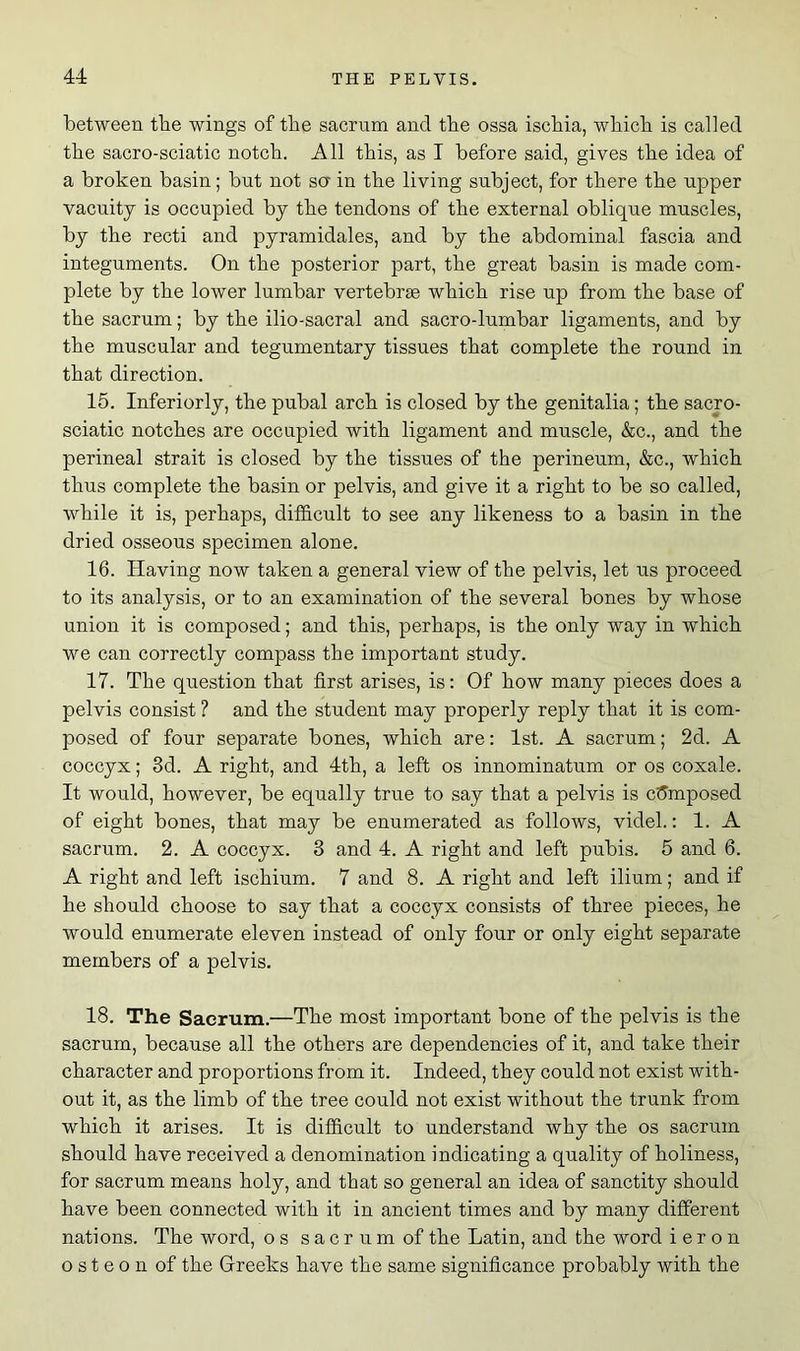 between the wings of the sacrum and the ossa ischia, which is called the sacro-sciatic notch. All this, as I before said, gives the idea of a broken basin; but not so in the living subject, for there the upper vacuity is occupied by the tendons of the external oblique muscles, by the recti and pyramidales, and by the abdominal fascia and integuments. On the posterior part, the great basin is made com- plete by the lower lumbar vertebras which rise up from the base of the sacrum; by the ilio-sacral and sacro-lumbar ligaments, and by the muscular and tegumentary tissues that complete the round in that direction. 15. Inferiorly, the pubal arch is closed by the genitalia; the sacro- sciatic notches are occupied with ligament and muscle, &c., and the perineal strait is closed by the tissues of the perineum, &c., which thus complete the basin or pelvis, and give it a right to be so called, while it is, perhaps, difficult to see any likeness to a basin in the dried osseous specimen alone. 16. Having now taken a general view of the pelvis, let us proceed to its analysis, or to an examination of the several bones by whose union it is composed; and this, perhaps, is the only way in which we can correctly compass the important study. 17. The question that first arises, is: Of how many pieces does a pelvis consist ? and the student may properly reply that it is com- posed of four separate bones, which are: 1st. A sacrum; 2d. A coccyx; 3d. A right, and 4th, a left os innominatum or os coxale. It would, however, be equally true to say that a pelvis is composed of eight bones, that may be enumerated as follows, videl.: 1. A sacrum. 2. A coccyx. 3 and 4. A right and left pubis. 5 and 6. A right and left ischium. 7 and 8. A right and left ilium; and if he should choose to say that a coccyx consists of three pieces, he would enumerate eleven instead of only four or only eight separate members of a pelvis. 18. The Sacrum.—The most important bone of the pelvis is the sacrum, because all the others are dependencies of it, and take their character and proportions from it. Indeed, they could not exist with- out it, as the limb of the tree could not exist without the trunk from which it arises. It is difficult to understand why the os sacrum should have received a denomination indicating a quality of holiness, for sacrum means holy, and that so general an idea of sanctity should have been connected with it in ancient times and by many different nations. The word, os sacrumof the Latin, and the word ieron osteon of the Greeks have the same significance probably with the