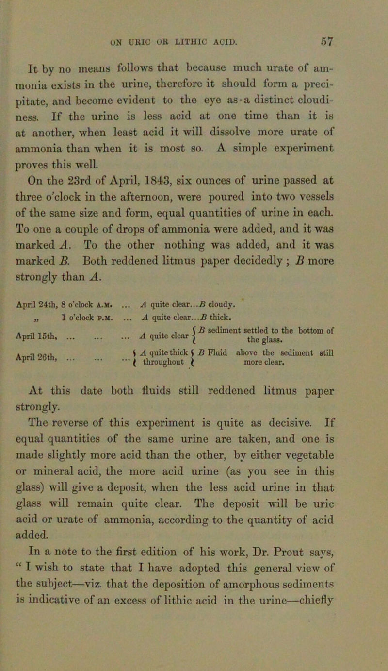 It by no means follows that because much urate of am- monia exists in the urine, therefore it should form a preci- pitate, and become evident to the eye as a distinct cloudi- ness. If the urine is less acid at one time than it is at another, when least acid it will dissolve more urate of ammonia than when it is most so. A simple experiment proves this well. On the 23rd of April, 1843, six ounces of urine passed at three o’clock in the afternoon, were poured into two vessels of the same size and form, equal quantities of urine in each. To one a couple of drops of ammonia were added, and it was marked A. To the other nothing was added, and it was marked B. Both reddened litmus paper decidedly ; B more strongly than A. April 24th, 8 o’clock A.M. „ 1 o’clock P.M. April 15th, April 26th, ... ... A quite clear...B cloudy. ... A quite clear...B thick. { B sediment settled to the bottom of ... A quite clear j the glass. S A quite thick $ B Fluid above the sediment still ( throughout ( more clear. At this date both fluids still reddened litmus paper strongly. The reverse of this experiment is quite as decisive. If equal quantities of the same urine are taken, and one is made slightly more acid than the other, by either vegetable or mineral acid, the more acid urine (as you see in this glass) will give a deposit, when the less acid urine in that glass will remain quite clear. The deposit will be uric acid or urate of ammonia, according to the quantity of acid added. In a note to the first edition of his work, Dr. Prout says, “ I wish to state that I have adopted this general view of the subject—viz. that the deposition of amorphous sediments is indicative of an excess of lithic acid in the urine—chiefly