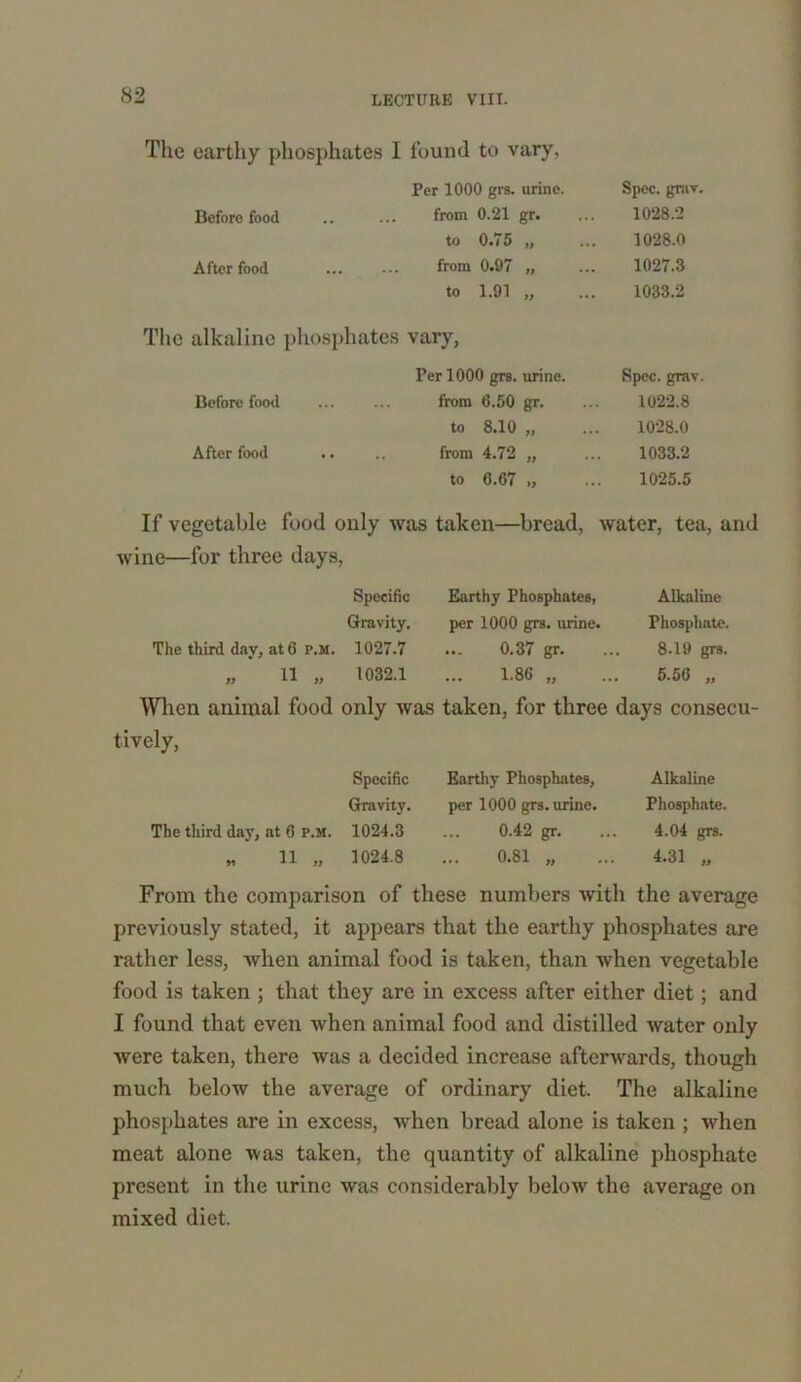 The earthy phosphates I found to vary, Per 1000 grs. urine. Spec. grav. Before food from 0.21 gr. 1028.2 to 0.75 „ 1028.0 After food from 0.97 „ 1027.3 to 1.91 „ 1033.2 The alkaline phosphates vary, Per 1000 grs. urine. Spec. grav. Before food from 6.50 gr. 1022.8 to 8.10 „ 1028.0 After food from 4.72 „ 1033.2 to 6.67 1025.5 If vegetable food only was taken—bread, water, tea, and wine—for three days, Specific Earthy Phosphates, Alkaline Gravity. per 1000 grs. urine. Phosphate. The third day, at 6 p.m. 1027.7 ... 0.37 gr. 8.19 grs. „ * 11 „ 1032.1 ... 1.86 „ 5.56 „ When animal food only was taken, for three days consecu- tively, Specific Earthy Phosphates, Alkaline Gravity. per 1000 grs. urine. Phosphate. The third day, at 6 p.m. 1024.3 0.42 gr. 4.04 grs. „ 11 „ 1024.8 ... 0.81 „ ... 4.31 „ From the comparison of these numbers Avitli the average previously stated, it appears that the earthy phosphates are rather less, when animal food is taken, than when vegetable food is taken ; that they are in excess after either diet; and I found that even when animal food and distilled water only were taken, there was a decided increase afterwards, though much below the average of ordinary diet. The alkaline phosphates are in excess, when bread alone is taken ; when meat alone was taken, the quantity of alkaline phosphate present in the urine was considerably below the average on mixed diet.