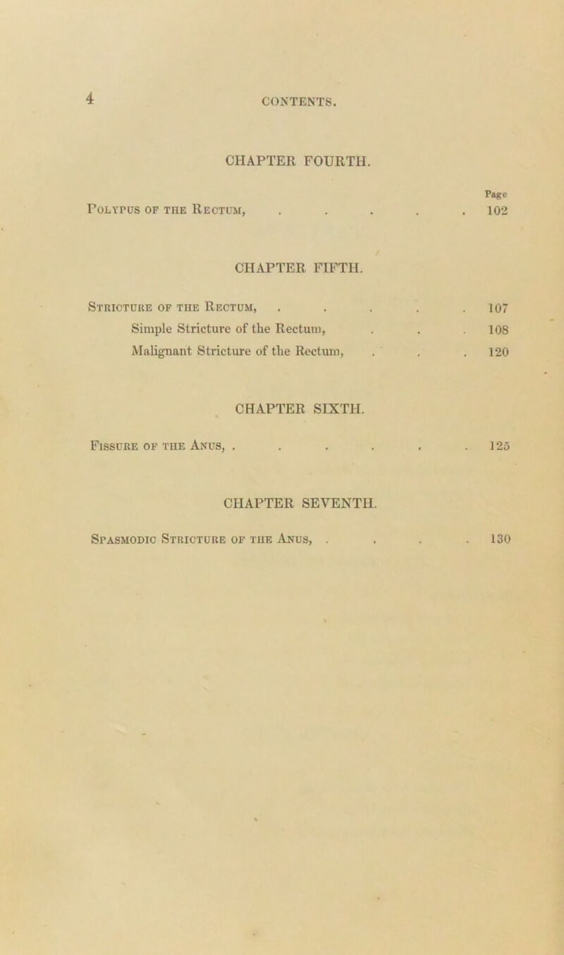 CHAPTER FOURTH. Page Polypus of the Rectum, ..... 102 / CHAPTER FIFTH. Stricture of the Rectum, . . . . .107 Simple Stricture of the Rectum, . . .108 Malignant Stricture of the Rectum, . . .120 CHAPTER SIXTH. Fissure of the Anus, . . . . . .125 CHAPTER SEVENTH. Spasmodic Stricture of the Anus, . 130