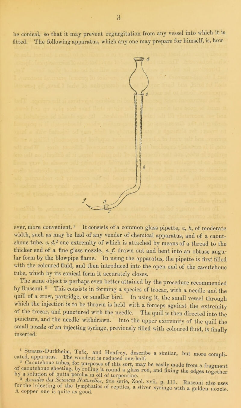 be conical, so that it may prevent regurgitation from any vessel into which it is fitted. The following apparatus, which any one may prepare for himself, is, how ever, more convenient.1 It consists of a common glass pipette, a, b, of moderate width, such as may be had of any vender of chemical apparatus, and of a caout- chouc tube, c, d,2 one extremity of which is attached by means of a thread to the thicker end of a fine glass nozzle, e,f, drawn out and bent into an obtuse angu- lar form by the blowpipe flame. In using the apparatus, the pipette is first filled with the coloured fluid, and then introduced into the open end of the caoutchouc tube, which by its conical form it accurately closes. The same object is perhaps even better attained by the procedure recommended by Rusconi.3 This consists in forming a species of trocar, with a needle and the quill of a crow, partridge, or smaller bird. In using it, the small vessel through which the injection is to be thrown is held with a forceps against the extremity of the trocar, and punctured with the needle. The quill is then directed into the puncture, and the needle withdrawn. Into the upper extremity of the quill the small nozzle of an injecting syringe, previously filled with coloured fluid, is finally inserted. 1 Strauss-Durkheim, Tulk, and Henfrey, describe a similar, but more compli- cated, apparatus. The woodcut is reduced one-half. F - Caoutchouc tubes, for purposes of this sort, may be easily made from a fragment of caoutchouc sheeting, by rolling it round a glass rod, and fixing the edges together by a solution of gutta percha in oil of turpentine. 3 Annales des Sciences Naturdies, 2de serie, Zool. xvii. p. m. Rusconi also uses foi the injecting of the lymphatics of reptiles, a silver syringe with a golden nozzle A copper one is quite as good. * s uo/^ie.