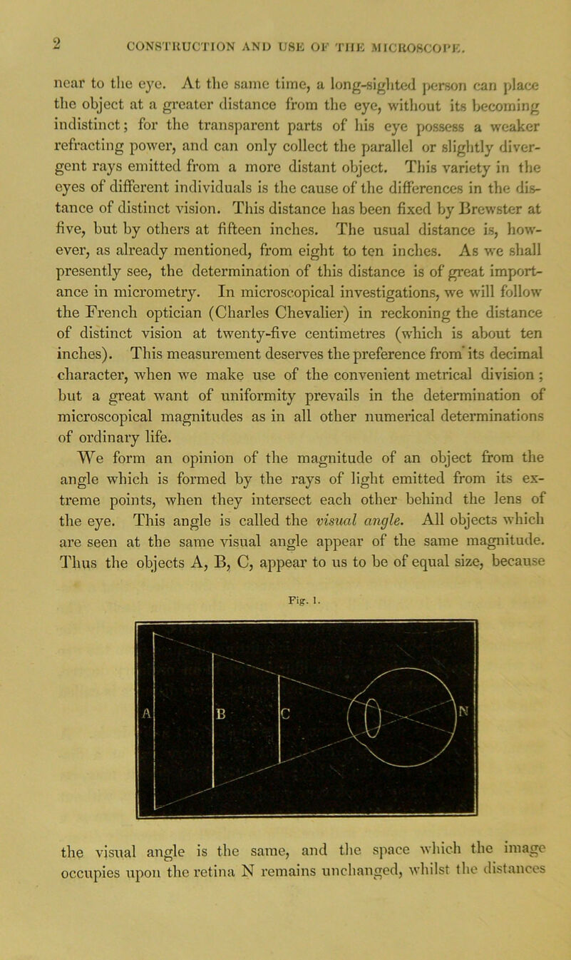 near to the eye. At the same time, a long-sighted person can jdace the object at a greater distance from the eye, witliout its becoming indistinct; for the transparent parts of his eye possess a weaker refracting power, and can only collect the parallel or slightly diver- gent rays emitted from a more distant object. This variety in the eyes of different individuals is the cause of the differences in the dis- tance of distinct vision. This distance has been fixed by Brewster at five, but by others at fifteen inches. The usual distance is, how- ever, as already mentioned, from eight to ten inches. As we shall presently see, the determination of this distance is of great import^ ance in micrometry. In microscopical investigations, we will follow the French optician (Charles Chevalier) in reckoning the distance of distinct vision at twenty-five centimetres (which is about ten inches). This measurement deserves the preference from' its decimal character, when we make use of the convenient metrical division ; but a great want of uniformity prevails in the determination of microscopical magnitudes as in all other numerical determinations of ordinary life. We form an opinion of the magnitude of an object from the angle which is formed by the rays of light emitted from its ex- treme points, when they intersect each other behind the lens of the eye. This angle is called the visual angle. All objects which are seen at the same visual angle appear of the same magnitude. Thus the objects A, B, C, appear to us to be of equal size, because Fig. 1. the visual angle is the same, and the space which the image occupies upon the retina N remains unchanged, whilst the distances