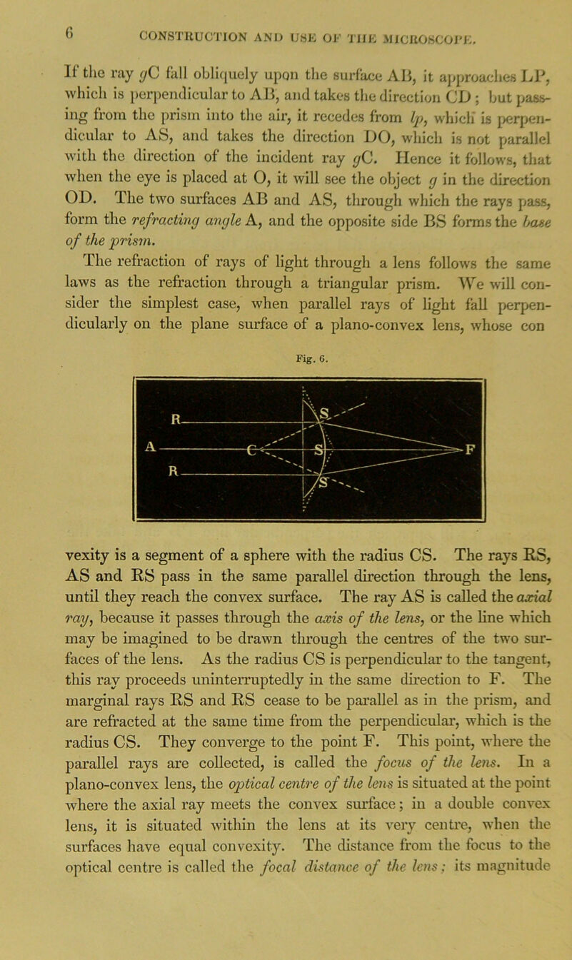 CONSTllUCTION AND UHE OF lllE MlCliOSCOJ’i:. If the ray (jQ fall obli(|uely upon the surface Ali, it approaches lA^, which is perpentlicular to A B, and takes the direction CD; hut pass- ing from the prism into the air, it recedes from Zp, which is perpen- dicular to AS, and takes the direction DO, which is not parallel with the direction of the incident ray gQ. Hence it follows, that when the eye is placed at O, it will see the object g in the direction OD. The two surfaces AB and AS, through which the rays pass, form the refracting angle A, and the opposite side BS forms the bane of the prism. The refraction of rays of light through a lens follows the same laws as the refraction through a triangular prism. We will con- sider the simplest case, when parallel rays of light fall perpen- dicularly on the plane surface of a plano-convex lens, whose con Fig. 6. vexity is a segment of a sphere with the radius CS. The rays RS, AS and RS pass in the same parallel direction through the lens, until they reach the convex surface. The ray AS is called the axial ray, because it passes through the axis of the lens, or the Hne which may be imagined to be drawn through the centres of the two sur- faces of the lens. As the radius CS is perpendicular to the tangent, this ray proceeds uninterruptedly in the same direction to F. The marginal rays RS and RS cease to be parallel as in the prism, and are refracted at the same time from the perpendicular, which is the radius CS. They converge to the point F. This point, where the parallel rays are collected, is called the focus of the lens. In a plano-convex lens, the optical centre of the lens is situated at the point where the axial ray meets the convex smTace; in a double convex lens, it is situated within the lens at its very centi'c, when the surfaces have equal convexity. The distance fx'om the focus to the optical centre is called the focal distance of the lens; ite magnitude