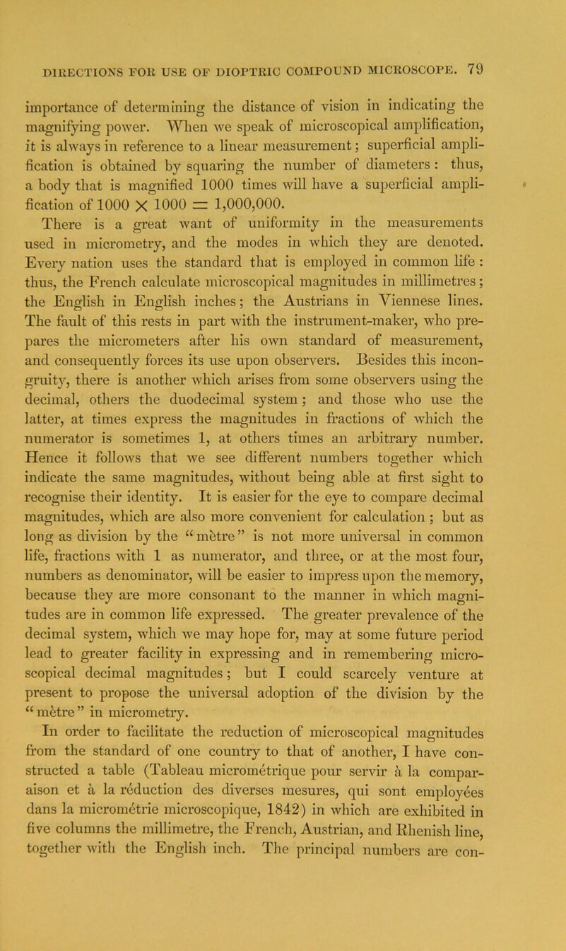 importance of determining tlie distance of vision in indicating the magnifying power. When we speak of microscopical amplification, it is always in reference to a linear measurement; superficial ampli- fication is obtained by squaring the number of diameters: thus, a body that is magnified 1000 times will have a superficial ampli- fication of 1000 X 1000 ~ 1,000,000. There is a great want of uniformity in the measurements used in micrometry, and the modes in which they are denoted. Every nation uses the standard that is employed in common life : thus, the French calculate microscopical magnitudes in millimetres; the English in English inches; the Austrians in Viennese lines. The fault of this rests in part with the instrument-maker, who pre- pares the micrometers after his own standard of measurement, and consequently forces its use upon observers. Besides this incon- gruity, there is another which arises from some observers using the decimal, others the duodecimal system; and those who use the latter, at times express the magnitudes in fi’actions of which the numerator is sometimes 1, at others times an arbitrary number. Hence it follows that we see different numbers together which indicate the same magnitudes, without being able at first sight to recognise their identity. It is easier for the eye to compare decimal magnitudes, which are also more convenient for calculation ; but as long as division by the “ mbtre ” is not more universal in common life, fractions with 1 as numerator, and three, or at the most four, numbers as denominator, will be easier to impress upon the memory, because they are more consonant to the manner in which magni- tudes are in common life expressed. The greater prevalence of the decimal system, which we may hope for, may at some future period lead to greater facility in expressing and in remembering micro- scopical decimal magnitudes; but I could scarcely venture at present to propose the universal adoption of the division by the “ metre ” in micrometry. In order to facilitate the reduction of microscopical magnitudes from the standard of one country to that of another, I have con- structed a table (Tableau micrometrique pour servir a la compar- aison et a la reduction des diverses mesures, qui sont employees dans la microm^trie microscopique, 1842) in which are exhibited in five columns the millimetre, the French, Austrian, and Rhenish line, together with the English inch. The principal numbers are con-