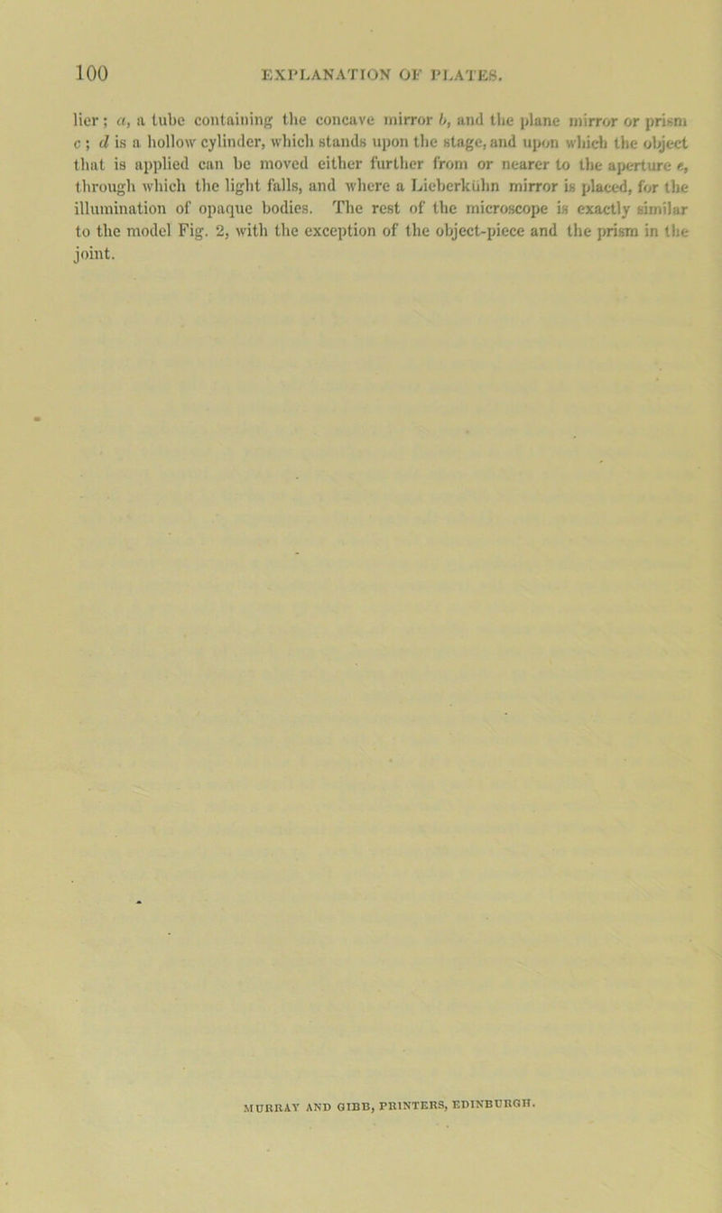 Her; a, a tube containing tlie concave mirror b, and the plane mirror or priBm c ; (Z is a hollow cylinder, which stands upon the stage, and upon which the object that is applied can he moved either further from or nearer to the aperture e, through which the light falls, and where a LieherkLihn mirror is placed, for the illumination of opaque bodies. The rest of the microscope is exactly similar to the model Fig. 2, with the exception of the object-piece and the prism in the joint. MURRAY AND GIBB, PRINTERS, EDINBURGU.