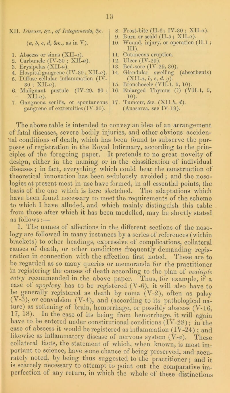 XII. Disease, fyc., of Integuments, fyc. (a, b, c, cl, &c., as in V). 1. Abscess or sinus (XII-a). 2. Carbuncle (IV-30 ; XII-a). 3. Erysipelas (XII-a). 4. Hospital gangrene (IV-30; XII-a). 5. Diffuse cellular inflammation (IV- 30 ; XII-a). 6. Malignant pustule (IV-29, 30 ; XII-a). 7. Gangrsena senilis, or spontaneous gangrene of extremities (IV-30). 8. Frost-bite (II-6; IV-30 ; XII-a). 9. Burn or scald (II-5 ; XII-a). 10. Wound, injury, or operation (II-l ; III). 11. Cutaneous eruption. 12. Ulcer (IV-29). 13. Bed-sore (IV-29, 30). 14. Glandular swelling (absorbents) (XII-a, b, c, d, g). 15. Bronchocele (VI1-1, 5, 10). 16. Enlarged Thymus (?) (VII-1, 5, 10). 17. Tumour, &c. (XII-5, d). (Anasarca, see IV-19). The above table is intended to convey an idea of an arrangement of fatal diseases, severe bodily injuries, and other obvious acciden- tal conditions of death, which has been found to subserve the pur- poses of registration in the Royal Infirmary, according to the prin- ciples of the foregoing paper. It pretends to no great novelty of design, either in the naming or in the classification of individual diseases ; in fact, everything which could bear the construction of theoretical innovation has been sedulously avoided; and the noso- logies at present most in use have formed, in all essential points, the basis of the one which is here sketched. The adaptations which have been found necessary to meet the requirements of the scheme to which I have alluded, and which mainly distinguish this table from those after which it has been modelled, may be shortly stated as follows :— 1. The names of affections in the different sections of the noso- logy are followed in many instances by a series of references (within brackets) to other headings, expressive of complications, collateral causes of death, or other conditions frequently demanding regis- tration in connection with the affection first noted. These are to be regarded as so many queries or memoranda for the practitioner in registering the causes of death according to the plan of multiple entry recommended in the above paper. Thus, for example, if a case of apoplexy has to be registered (V-6), it will also have to be generally registered as death by coma (V-2), often as palsy (Y-3), or convulsion (V-4), and (according to its pathological na- ture) as softening of brain, hemorrhage, or possibly abscess (V-16, 17, 18). In the case of its being from hemorrhage, it will again have to be entered under constitutional conditions (IV-28); in the case of abscess it would be registered as inflammation (IV-24) ; and likewise as inflammatory disease of nervous system (V-a). These collateral facts, the statement of which, when known, is most im- portant to science, have some chance of being preserved, and accu- rately noted, by being thus suggested to the practitioner; and it is scarcely necessary to attempt to point out the comparative im- perfection of any return, in which the whole of these distinctions