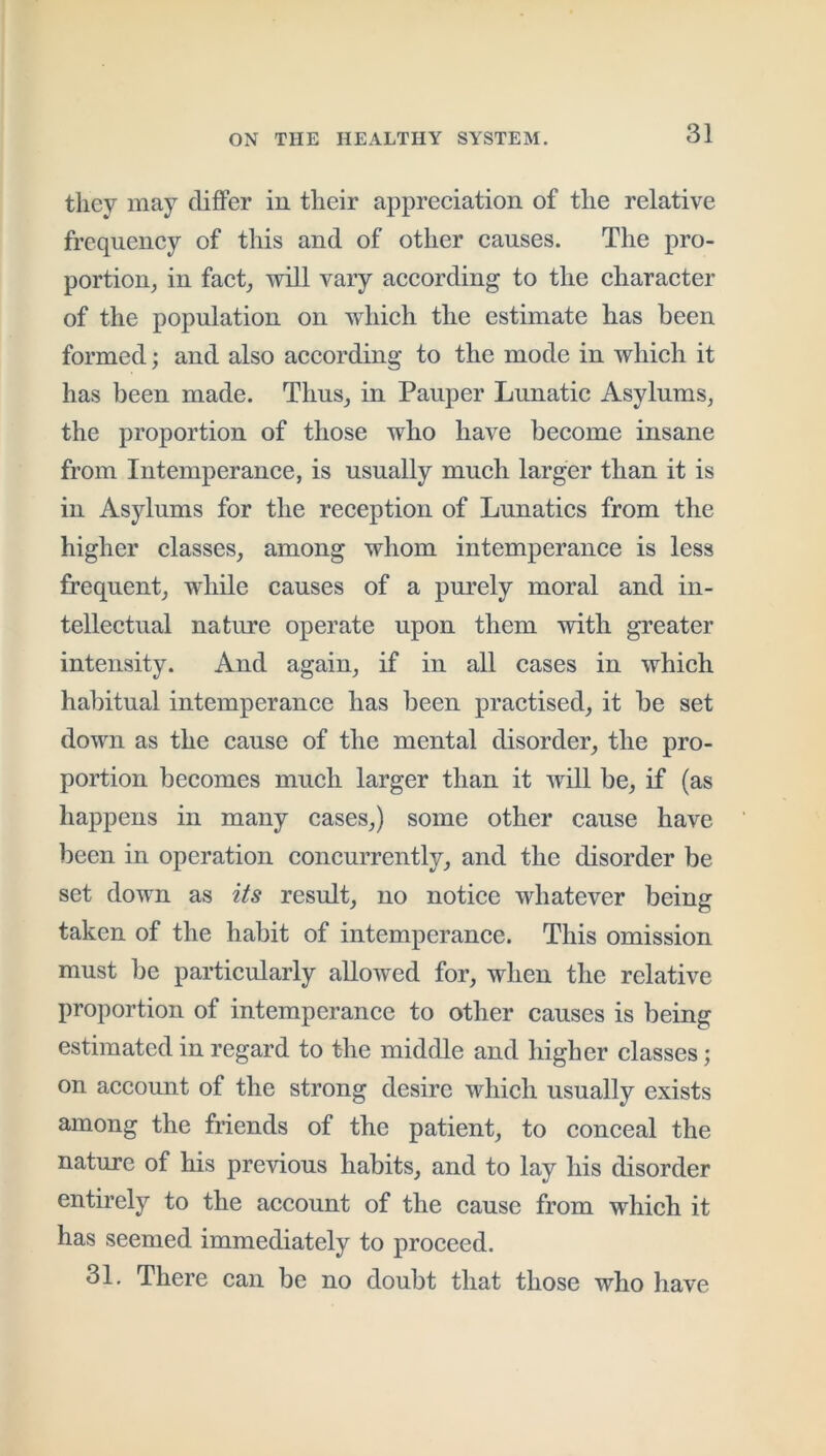 they may differ in their appreeiation of the relative frequeney of this and of other eanses. The pro- portion, in faet, will vary aeeording to the eharaeter of the population on whieh the estimate has been formed; and also aeeording to the mode in whieh it has been made. Thus, in Pauper Lunatie Asylums, the proportion of those who have beeome insane from Intemperanee, is usually mneh larger than it is in Asylums for the reeeption of Lnnaties from the higher elasses, among whom intemperanee is less frequent, while causes of a purely moral and in- tellectual nature operate upon them with greater intensity. And again, if in all cases in which habitual intemperance has been practised, it be set down as the cause of the mental disorder, the pro- portion becomes much larger than it will be, if (as happens in many cases,) some other cause have been in operation concurrently, and the disorder be set down as its result, no notice whatever being taken of the habit of intemperance. This omission must be particularly allowed for, when the relative proportion of intemperance to other causes is being estimated in regard to the middle and higher classes; on account of the strong desire which usually exists among the friends of the patient, to conceal the nature of his previous habits, and to lay his disorder entirely to the account of the cause from which it has seemed immediately to proceed. 31. There can be no doubt that those who have