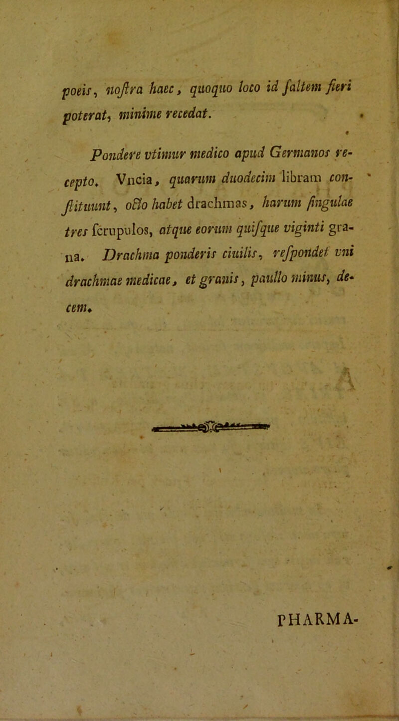 poeis, nojlra tìaec, quoquo loco id faltem fieri poterat, minime recedat. ♦ Pondere vtimuv medico apud Germanos ve- cepto. Vncia, quorum duodecimi libram con- fi ituunt , o&o habet drachmas, harum/ìnguine tres fcrupulos, atque eorum quifque vigiliti gra- na. Drachiua ponderii ciuilis, refpoiidet ini drctchmae medicae, et granii, panilo minia, de- cente f ' ; ' / _ A ~ I 1*1 PHARM A-