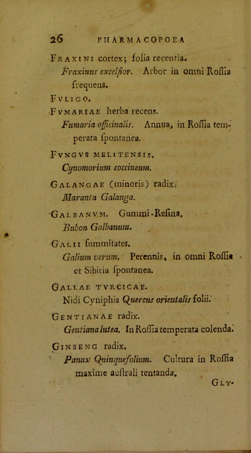 \ Fraxi ni cortex; folia recentia. Fraxinus excclfiov. Arbor in omni Roflìa frequens. Fvligo, F v m a r 1 a e herba recens. Fumaria officinalis. Annua, in Roflìa tem- perata fpontanea. Fvngvs melitensis. Cynomoriiim coccineum. Galano a e (minoris) radix.: Maranta Galanga. Galbanvm. Gommi-Refina. Bubon Galbanim. Gal 11 fummilates. Galium veruni. Perennis, in omni Rolli* * et Sibuia fpontanea. Gallae tvrcicae. Nidi Cyniphis Quercus orientalis folii.' Gentianae radix. Gentiana lutea. In Roflìa temperata colenda.’ Ginseng radix, 1. Panax Quinquefolium. Cultura in Roflìa maxime aufirali tentauda. r f Gl y-