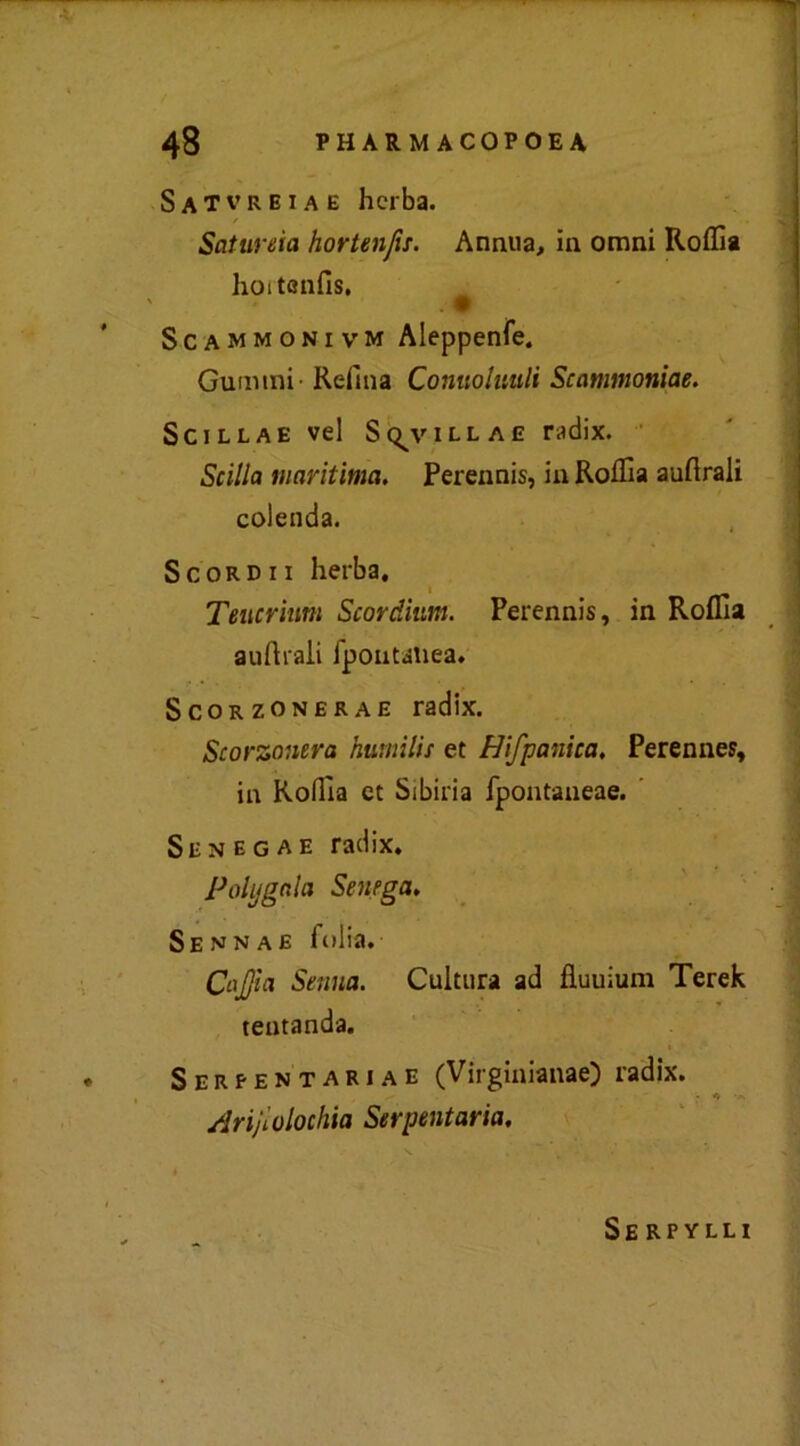 Satvreiae hcrba. Satureia hortenfu. Annua, in omni Roffia hoitatlfis. . • Scammonivm Aleppenfe. Guaimi• Reflua Conuoluuli Scammoniae. Scillae vel Sc^villae radix. Scilla maritima. Perennis, in Roflìa auftraii colenda. Scordii herba, Teucrium Scordium. Perennis, in Roflìa aurtraii fpoutanea. Scorzonera e radix. Scorzonera humilis et Hifpanica. Perennes, in Rollìa et Si bilia fpontaneae. Sen eg a e radix. Poii<gala Senega, Sennae folia. CaJJìa Senna. Cultura ad fluuium Terek tentanda. Serpentari a e (Virginianae) radix. : * ' Arijiolochia Serpentario, Se rpylli