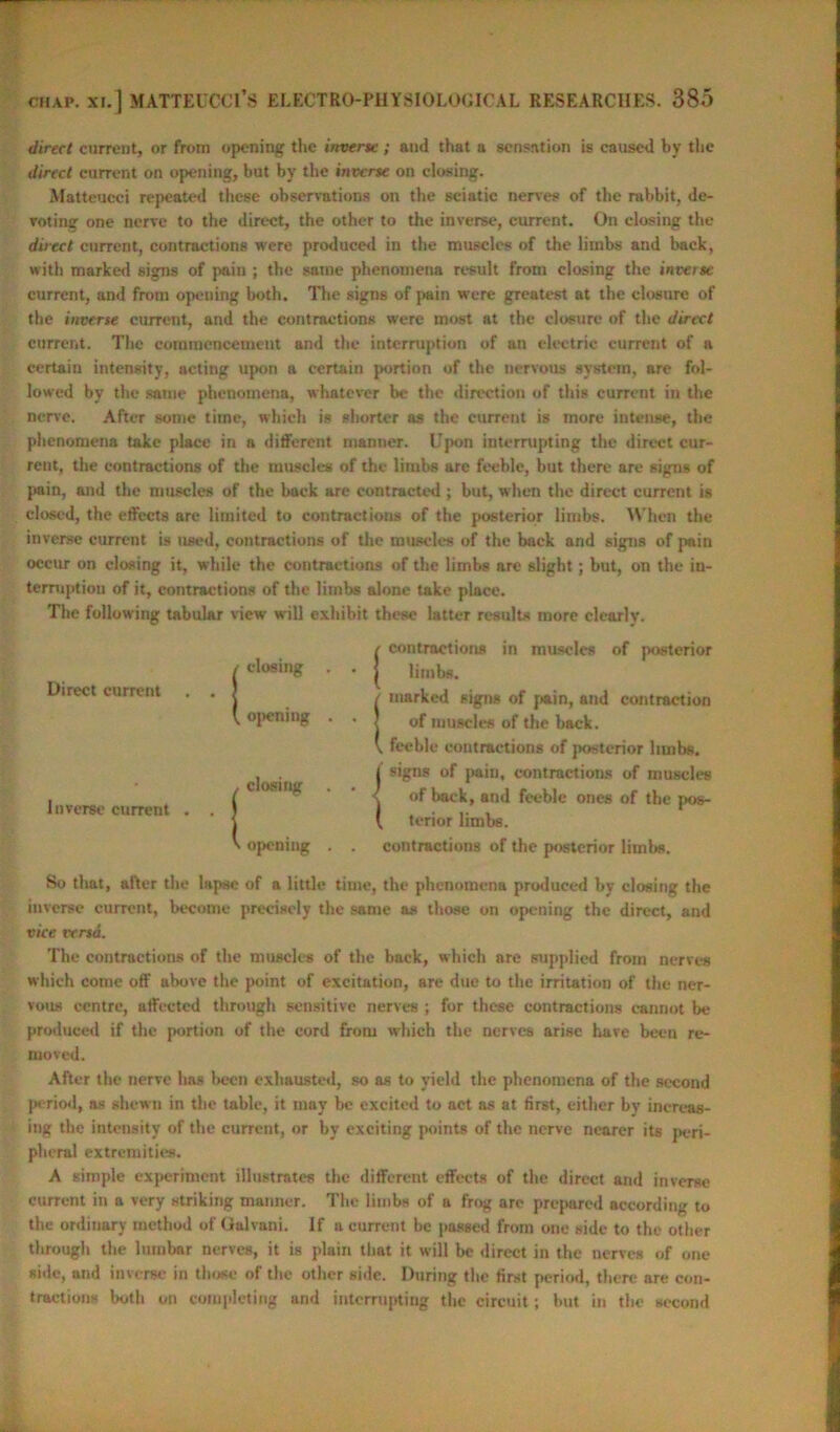 direct current, or from opening the inverse ; and that a sensation is caused by the direct current on opening, but by the inverse on closing. Matteucci repeated these observations on the sciatic nerves of the rabbit, de- voting one nerve to the direct, the other to the inverse, current. On closing the direct current, contractions were produced in the muscles of the limbs and back, with marked signs of pain ; the same phenomena result from closing the inverse current, and from opening both. The signs of pain were greatest at the closure of the inverse current, and the contractions were most at the closure of the direct current. The commencement and the interruption of an electric current of a certain intensity, acting upon a certain portion of the nervous system, are fol- lowed by the same phenomena, whatever be the direction of this current in the nerve. After some time, which is shorter as the current is more intense, the phenomena take place in a different manner. Upon interrupting the direct cur- rent, the contractions of the muscles of the limbs are feeble, but there are signs of pain, and the muscles of the back arc contracted ; but, when the direct current is closed, the effects are limited to contractions of the posterior limbs. When the inverse current is used, contractions of the muscles of the back and signs of pain occur on closing it, while the contractions of the limbs are slight; but, on the in- terruption of it, contractions of the limbs alone take place. The following tabular view will exhibit these latter results more clearly. / closing . . t contractions in muscles of posterior i limbs. Direct current . . . / marked signs of pain, and contraction V opening . . < of muscles of the back. , closing . . \ feeble contractions of posterior limbs. | signs of pain, contractions of muscles Inverse current . . \ of back, and feeble ones of the pos- ( terior limbs. V ojx'ning . . contractions of the posterior limbs. So that, after the lapse of a little time, the phenomena produced by closing the inverse current, become precisely the same as those on opening the direct, and vice versa. The contractions of the muscles of the back, which are supplied from nerves which come off above the point of excitation, are due to the irritation of the ner- vous centre, affected through sensitive nerves ; for these contractions cannot be produced if the portion of the cord from which the nerves arise have been re- moved. After the nerve has been exhausted, so as to yield the phenomena of the second period, as shewn in the table, it may be excited to act as at first, cither by increas- ing the intensity of the current, or by exciting points of the nerve nearer its peri- pheral extremities. A simple experiment illustrates the different effects of the direct and inverse current in a very striking manner. The limbs of a frog arc prepared according to the ordinary method of Galvoni. If a current be passed from one side to the other through the lumbar nerves, it is plain that it will be direct in the nerves of one side, and inverse in those of the other side. During the first period, there are con- tractions both on completing and interrupting the circuit; but in the second