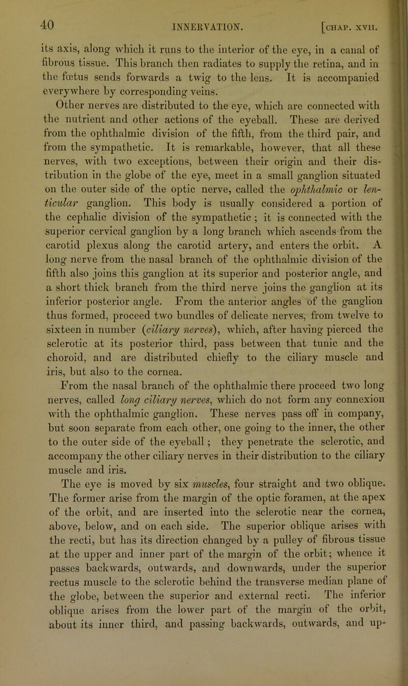 its axis, along which it runs to the interior of the eye, in a canal of fibrous tissue. This branch then radiates to supply the retina, and in the fo3tus sends forwards a twig to the lens. It is accompanied everywhere by corresponding veins. Other nerves are distributed to the eye, which are connected with the nutrient and other actions of the eyeball. These are derived from the ophthalmic division of the fiftli, from the third pair, and from the sympathetic. It is remarkable, however, that all these nerves, with two exceptions, between their origin and their dis- tribution in the globe of the eye, meet in a small ganglion situated on the outer side of the optic nerve, called the ophthalmic or len- ticular ganglion. This body is usually considered a portion of the cephalic division of the sympathetic ; it is connected with the superior cervical ganglion by a long branch which ascends from the carotid plexus along the carotid artery, and enters the orbit. A long nerve from the nasal branch of the ophthalmic division of the fifth also joins this ganglion at its superior and posterior angle, and a short thick branch from the third nerve joins the ganglion at its inferior posterior angle. From the anterior angles of the ganglion thus formed, proceed two bundles of delicate nerves, from twelve to sixteen in number {ciliary nerves)^ which, after having pierced the sclerotic at its posterior third, pass between that tunic and the choroid, and are distributed chiefly to the ciliary muscle and iris, but also to the cornea. From the nasal branch of the ophthalmic there proceed two long nerves, called long ciliary nerves, which do not form any connexion with the ophthalmic ganglion. These nerves pass off in company, but soon separate from each other, one going to the inner, the other to the outer side of the eyeball; they penetrate the sclerotic, and accompany the other ciliary nerves in their distribution to the ciliary muscle and iris. The eye is moved by six muscles, four straight and two oblique. The former arise from the margin of the optic foramen, at the apex of the orbit, and are inserted into the sclerotic near the cornea, above, below, and on each side. The superior oblique arises with the recti, but has its direction changed by a pulley of fibrous tissue at the upper and inner part of the margin of the orbit; whence it passes backwards, outwards, and downwards, under the superior rectus muscle to the sclerotic behind the transverse median plane of the globe, between the superior and external recti. The inferior oblique arises from the lower part of the margin of the orbit, about its inner third, and passing backwards, outwards, and up-