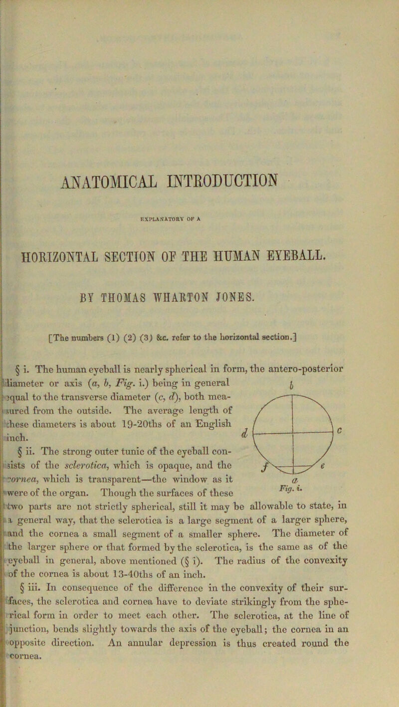 ANATOMICAL INTRODUCTION RXPLAiSATORY OF A HORIZONTAL SECTION OF THE HUMAN EYEBALL. BY THOMAS WHARTON JONES. [The mimhers (l) (2) (3) &c. refer to the liorizontal section.] Fiff. § i. The human eyeball is nearly spherical in form, the antero-posterior [diameter or axis (a, b. Fig. i.) being in general 3qual to the transverse diameter (c, fT)> both mea- \ sured from the outside. The average length of :hese diameters is about 19-20ths of an English inch. § ii. The strong outer tunic of the eyeball con- > sists of the sclerotica, which is opaque, and the Vcm'nea, which is transparent—the window as it ^werc of the organ. Though the surfaces of these ji two parts are not strictly spherical, still it may be allowable to state, in a general way, that the sclerotica is a large segment of a larger sphere, rand the cornea a small segment of a smaller sphere. The diameter of i the larger sphere or that formed by the sclerotica, is the same as of the pyeball in general, above mentioned (§ i). The radius of the convexity of the cornea is about 13-40ths of an inch. § iii. In consequence of the difference in the convexity of their sur- tfaces, the sclerotica and cornea have to deviate strikingly from the sphe- rical form in order to meet each other. The sclerotica, at the line of jijunction, bends slightly towards the axis of the eyeball; the cornea in an opposite direction. An annular depression is thus created round the cornea.