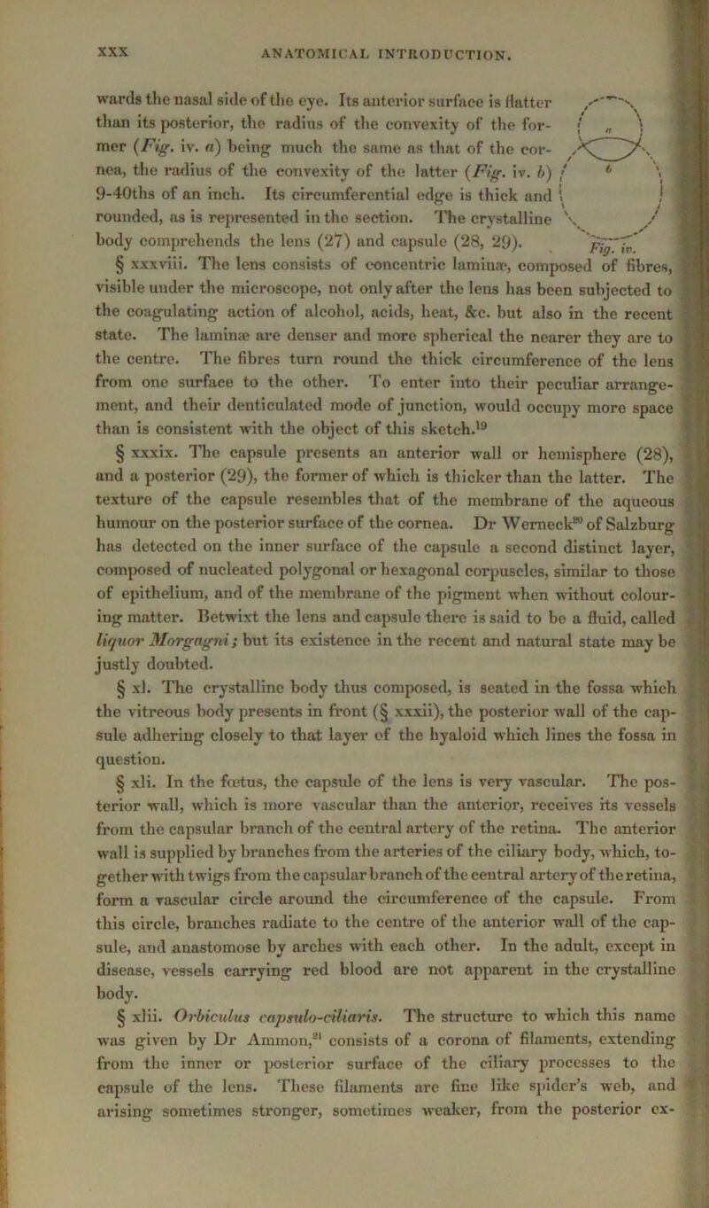 wards the nasal side of the eye. Its anterior surface is Hatter than its jwsterior, the radius of the convexity of the for- ; „ ^ mer {Fig. iv. «) being much the same as that of the cor- nea, the radius of the convexity of the latter {Fig. iv. h) / * \ 9-40ths of an inch. Its circumferential edge is thick and ' rounded, os is represented in the section. The crystalline \ / body comprehends the lens (2?) and capsule (28, 29). Fi^Tv § xxxviii. The lens consists of concentric laminae, composed of fibres, visible under the microscope, not only after the lens has been subjected to the coagulating action of alcohol, acids, heat, kc. but also in the recent state. The lamime are denser and more spherical the nearer they are to the centre. The fibres turn round the thick circumference of the lens from one surface to the other. To enter into their peculiar arrange- ment, and their denticulated mode of junction, would occupy more space than is consistent with the object of this sketch.*® § xxxix. The capsule presents an anterior wall or hemisphere (28), and a posterior (29), the former of which is thicker than the latter. The texture of the capsule resembles that of the membrane of the aqueous humour on the posterior surface of the cornea. Dr Wemeck*® of Salzburg has detected on the inner surface of the capsule a second distinct layer, comiK)sed of nucleated polygonal or hexagonal corpuscles, similar to those of epithelium, and of the membrane of the pigment when without colour- ing matter. Betwixt the lens and capsule there is said to be a fluid, called liquor Morgagni; but its existence in the recent and natural state may be justly doubted. § xl. The crystalline body thus composed, is seated in the fossa which the vitreous body presents in front (§ xxxii), the posterior wall of the cap- sule adhering closely to that layer of the hyaloid which lines the fossa in question. § xli. In the fcctus, the capsule of the lens is very vascular. The pos- terior wall, which is more vascular than the anterior, receives its vessels from the capsular branch of the central artery of the retina. The anterior wall is supplied by branches from the arteries of the ciliary body, which, to- gether with twigs from the capsular branch of the central artery of the retina, form a vascular circle aroimd the circumference of the capsule, h'rom this circle, branches radiate to the centre of the anterior wall of the cap- sule, and anastomose by arches with each other. In the adult, except in disease, vessels carrying red blood are not apparent in the crystalline body. § xlii. Oi'biculus capsulo-ciliaris. The structure to which this name was given by Dr Ammon,*' consists of a corona of filaments, extending from the inner or posterior surface of the ciliary processes to the capsule of the lens. These filaments arc fine like spider’s web, and arising sometimes stronger, somcitiraes weaker, from the posterior cx-