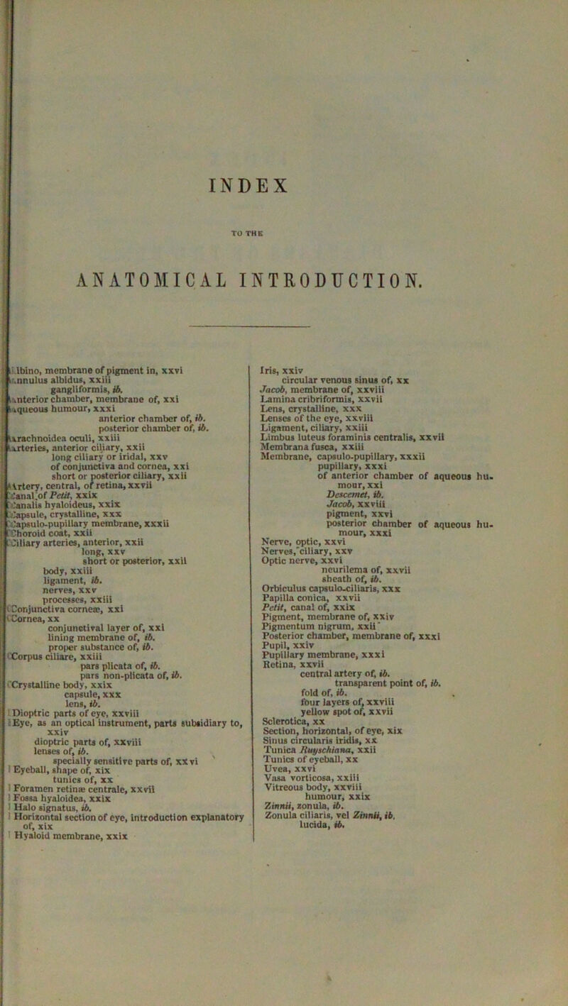 TO THB ANATOMICAL INTRODUCTION. li.lbino, membrane of pigment in, xxvi ir.nnulus albidus, xxiii gangliformii, ib, iknterlor chamber, membrane of, xxi iaqueouf humour, xxxi anterior chamber of, ib. potterior chamber of, ib. iarachnoidea oculi, xxiii iarterlei, anterior ciliary, xxii long ciliary or iridal, xxv of conjunctiva and cornea, xxi short or posterior ciliary, xxii tirtenr, central, of retina, xxvii jlanal.of Petit, xxix 'danalls hyaloideut, xxix :<Upsulc, crystalline, xxx rCapsulo-pupillary membrane, xxxii rChoroid coat, xxii .Ciliary arteries, anterior, xxii long, XXT short or potterior, xxii body, xxiii lig.-iment, ib, nerves, xxv processes, xxiii (Conjunctiva cornete, xxi (Cornea, xx conjunctival layer of, xxi lining membrane of, ib. proper substance of, 0. (Corpus ciliare, xxiii pars plicata of, 0. pars non-plicata of, 0. rCrystalline body, xxix capsule, xxx lens, 0. I Dioptric parts of eye, xxviii lEye, as an optical instrument, parts subsidiary to, xxiv dioptric parts of, xxviii lenses of, 0. specially sensitive parts of, XX vi ' I Eyeball, shape of, xix tunics of, XX 1 Foramen retina centrale, xxvil I Fossa hyaloidea, xxix 1 Halo signatus, 0, I Horizontal section of eye, introduction explanatory of, xix 1 Hyaloid membrane, xxix Iris, xxiv circular venous sinus of, xx Jacob, membrane of, xxviii Lamina cribriformis, xxvii Lens, crystalline, xxx Lenses of the eye, xxviii Ligament, ciliary, xxiii Limbus luteus foraminis centralis, xxvil Membrana fusca, xxiii Membrane, capsulo-pupillary, xxxii pupillary, xxxi of anterior chamber of aqueous hu. moor, xxi Descemet, 0. Jacob, xxviii pigment, xxvi posterior chamber of aqueous hu- mour, xxxi Nerve, optic, xxvi Nervcs,'ciliary, xxv Optic nerve, xxvi ncurilema of, xxvii sheath of, 0. Orbiculus capsulo^iliaris, xxx Papilla conica, xxvil Petit, canal of, xxix Figment, membrane of, xxiv Pigmentum nigrum, xxii* Posterior chamber, membrane of, xxxi Pupil, xxiv Pupillary membrane, xxxi Retina, xxvii central artery of; 0. transparent point of, ib. fold of, 0. four layers of, xxviii yellow spot of. xxvii Sclerotica, xx Section, horizontal, of eye, xix Sinus circularis iridis, xx Tunica Ruytehiana, xxii Tunics of eyeball, xx Uvea, xxvi Vasa vorticosa, xxiii Vitreous body, xxviii humour, xxix Zitmii, zonula, 0. Zonula ciliaris, vel ZinnU, ib. lutdda, 0,